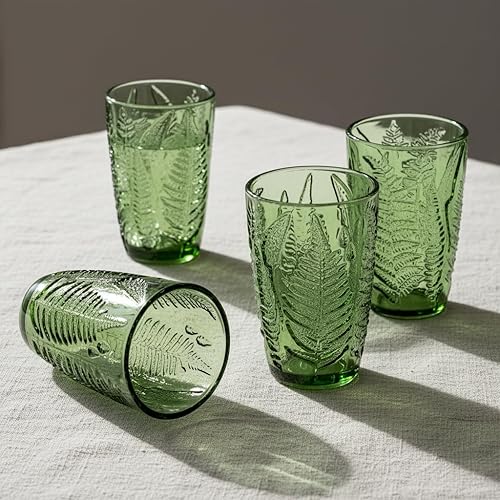 Miniatura 2 de Juego de 4 vasos verdes hechos a mano vintage de 12 onzas, cristalería antigua en relieve de helecho, vasos de vidrio texturizados bohemios, vasos