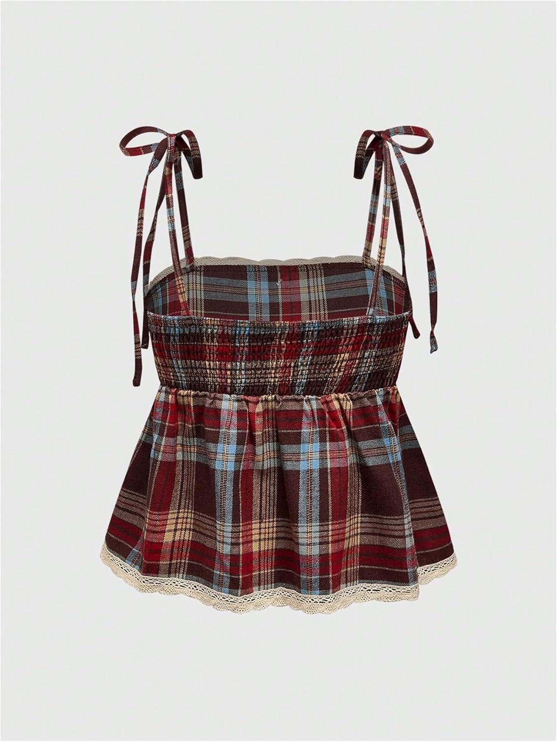 MakeMeChic Women's Plaid Lace Tank Tops Bow Tie Shoulder Shirred Sleeveless Vintage Y2k Cute Top - Image 2