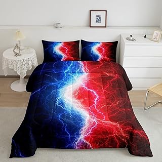 Blue Red Black ComforterÂ Set Abstract Art Lightnings Gaming Bedding Sets for Boys Girls Kids,Lightning Fire and Water Print Down Comforter Full Size,Hippie Style Patchwork Quilt Gamer Room Decor