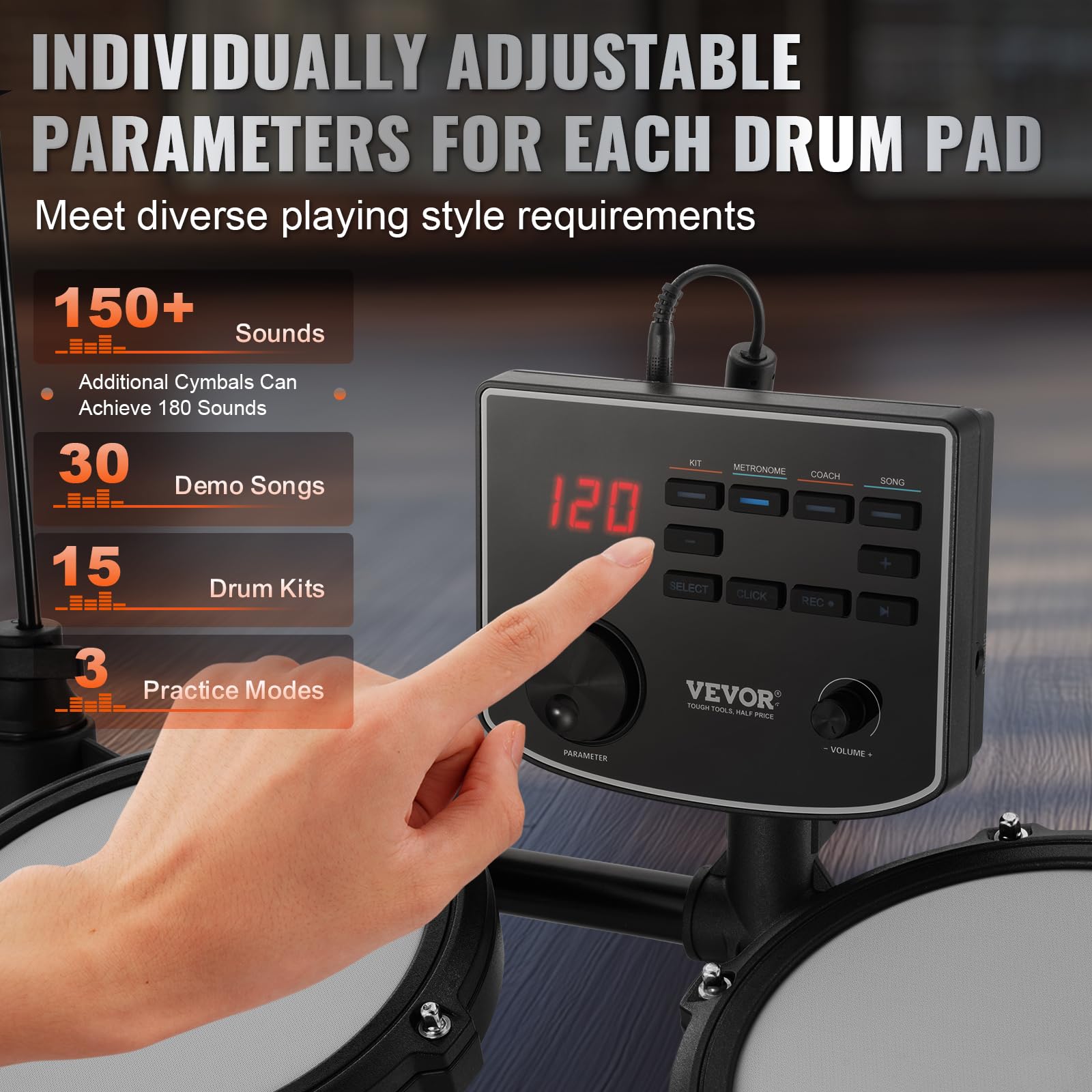 VEVOR Set di Batteria Elettronica, 15 Kit di Batteria 150 Suoni, Set di Batteria Elettronica Rullante Silenzioso 203,2 mm con Supporto USB MIDI con Piatti Bacchette e Cuffie, Principianti e Adulti