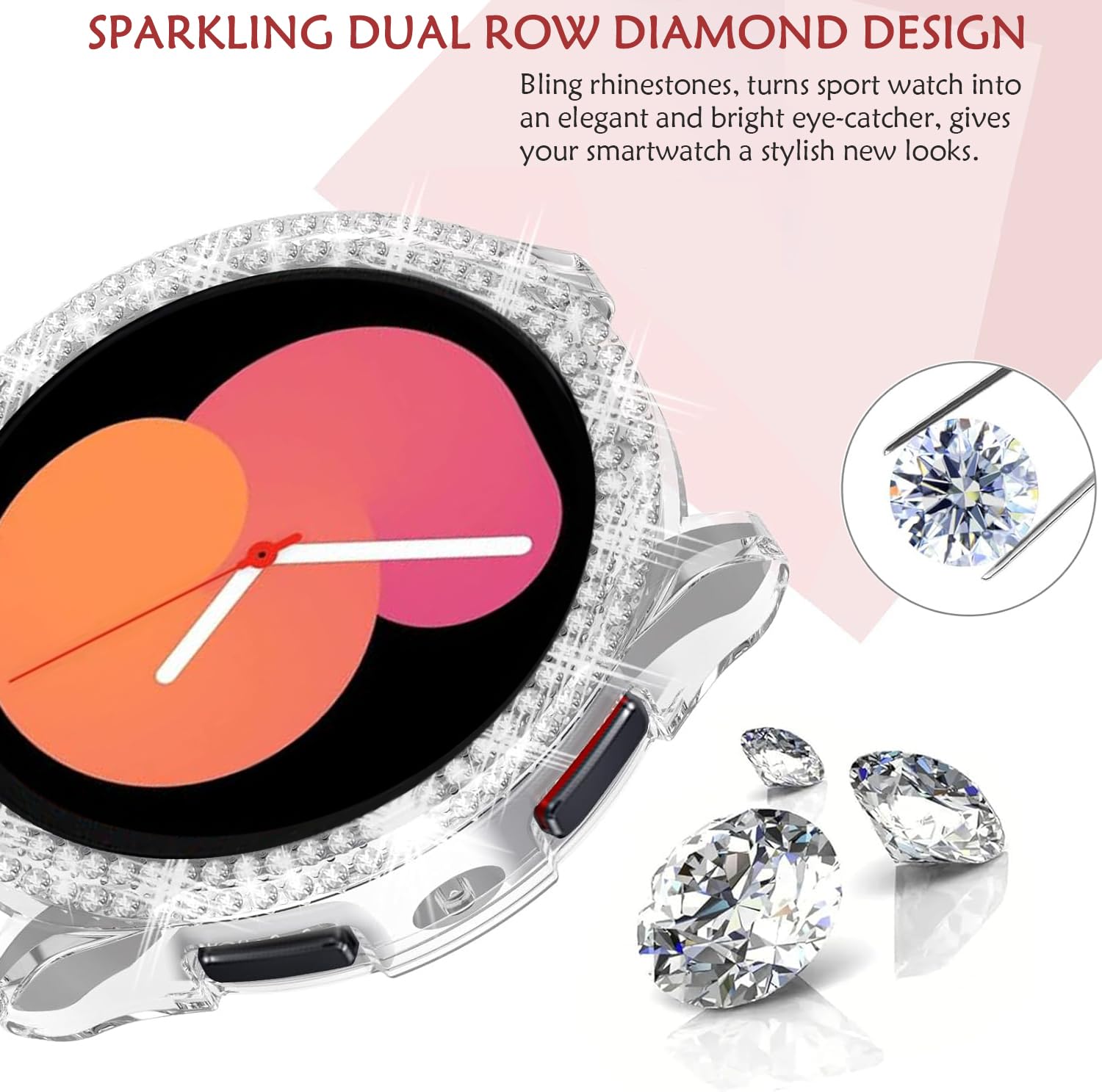 DEALELE [2-PACK] Case Compatible with Samsung Galaxy Watch 5/4 44mm, Bling Single-Row Diamond PC Protective Case Replacement Watch Cover Bumper (44mm, Gold+Transparent) — view 9