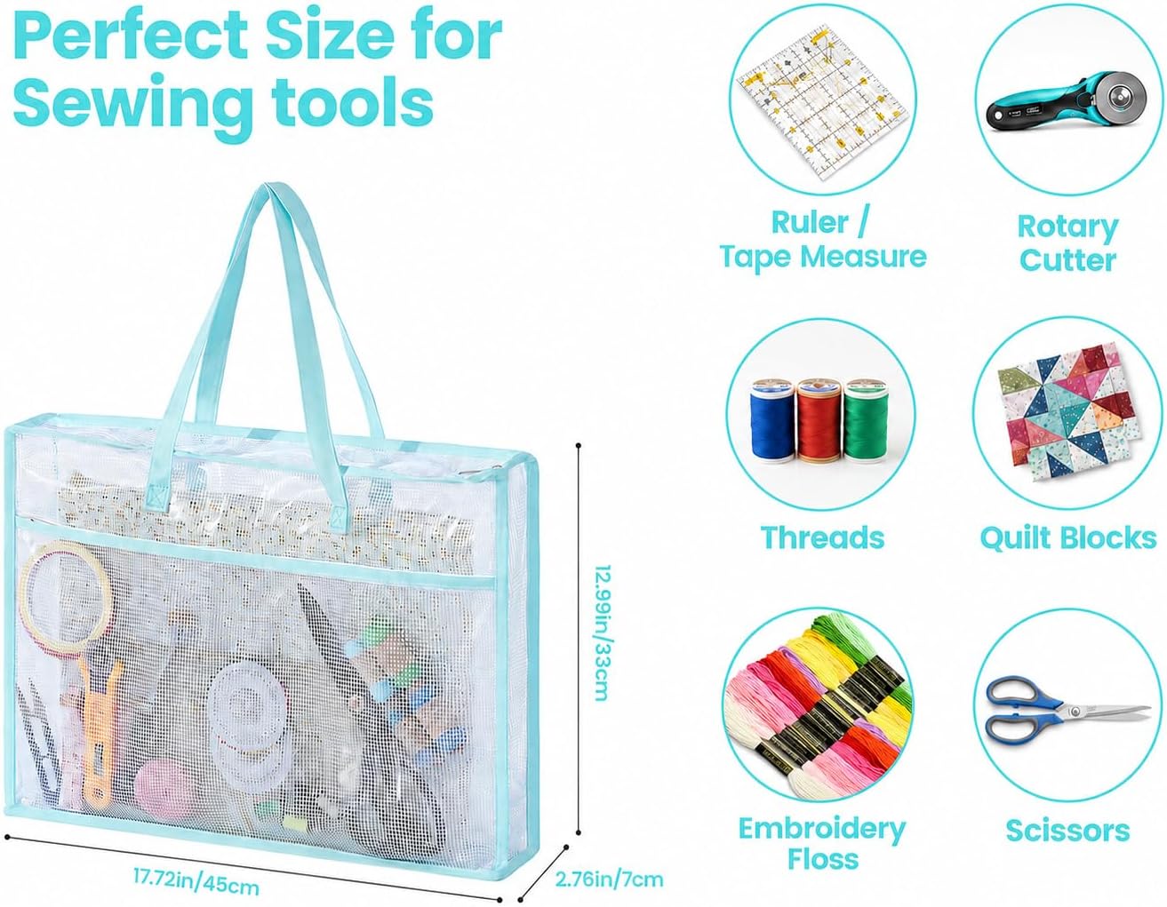 Coorganisers 6 Pack Sew Project Bags for Quilting, 17.7 x 13 x 2.8 in | PVC Mesh Needlepoint Project Bag, Two-Pocket Storage, Wide Opening, Label Pockets for Quilting, Embroidery and Crafts