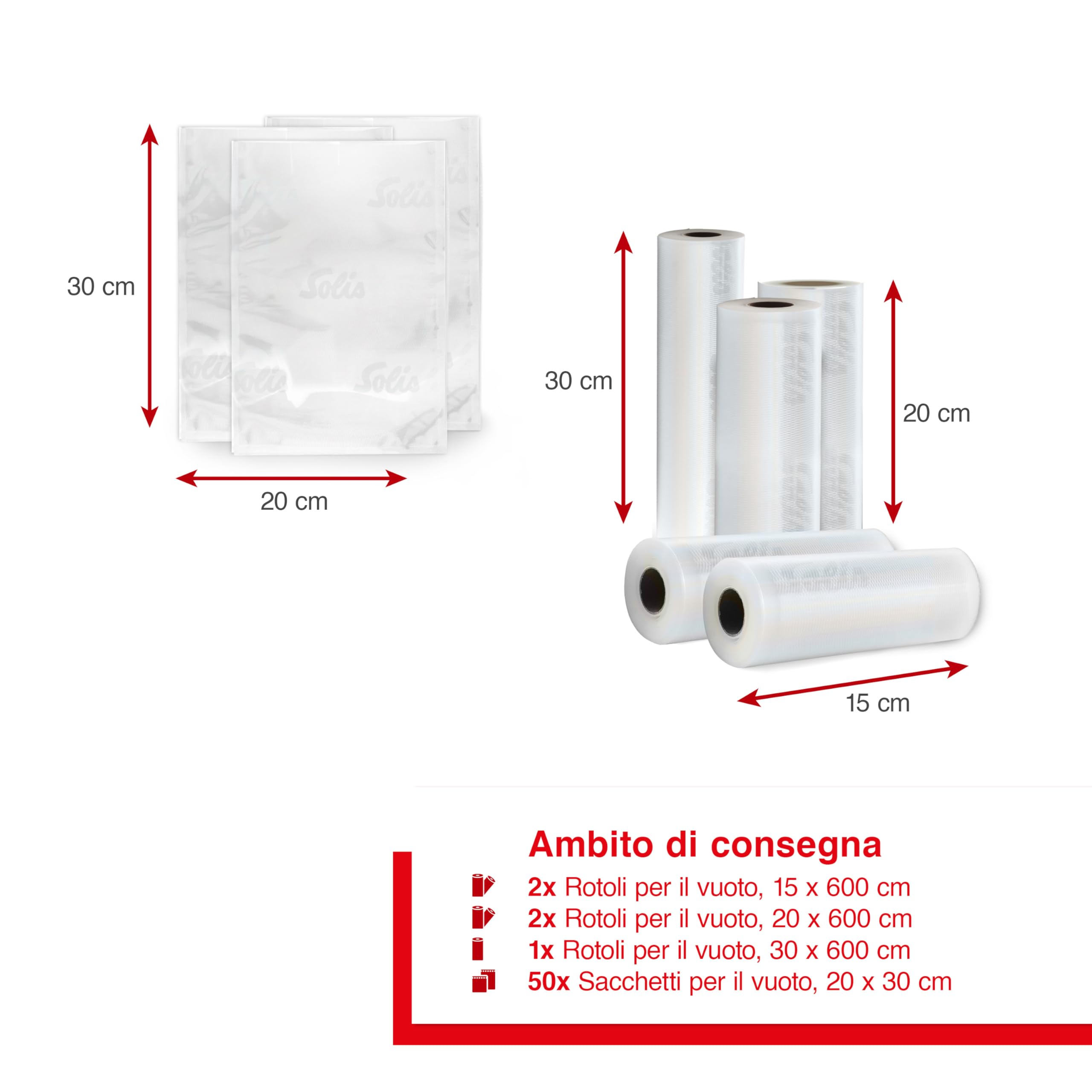 Solis 5 rotoli di pellicola e 50 sacchetti sottovuoto, ideali per l'uso con macchine per imballaggio sottovuoto, senza BPA