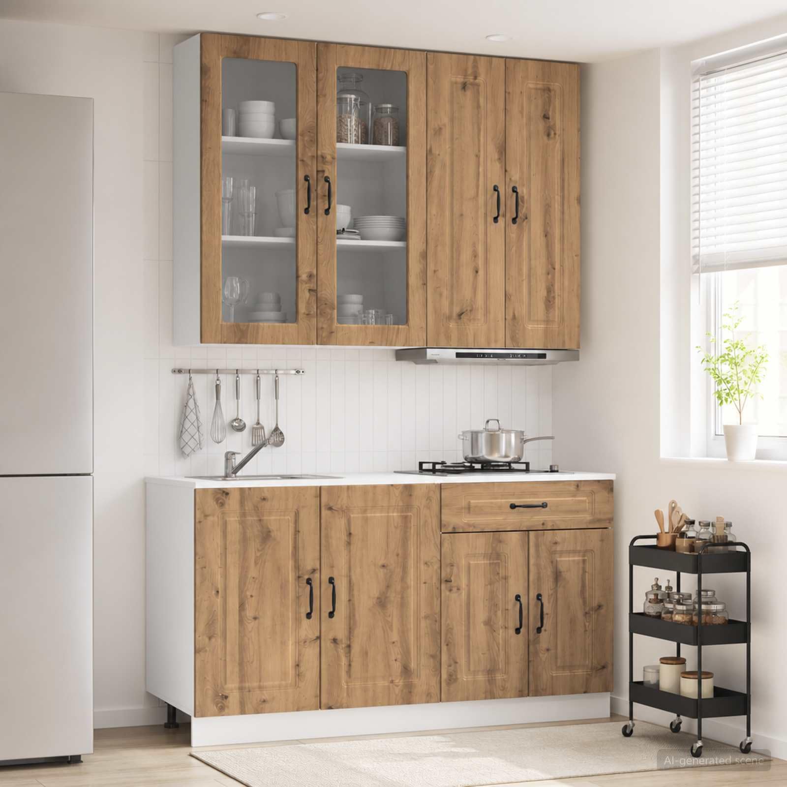 Kalmar - Set di 4 mobili da cucina in legno di quercia artigianale, mobiletto superiore, armadietto inferiore, piano di lavoro, per sala da pranzo e bar