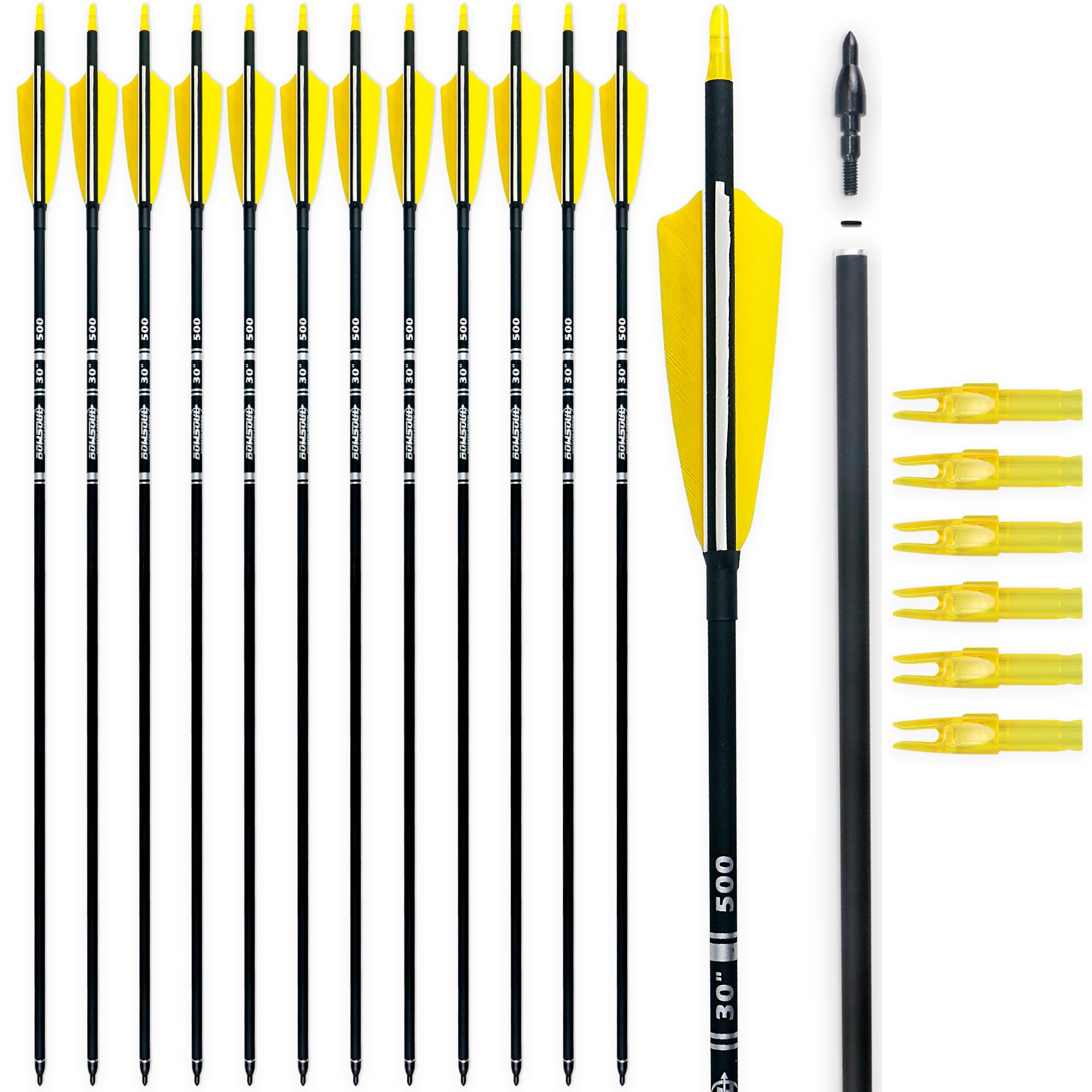 30" Carbon Arrows Archery Target Practice Hunting Arrows with 4" Turkey Feather fletched Spine 500 Arrow for Traditional Bow Recurve Bow & Longbow (Pack of 12)
