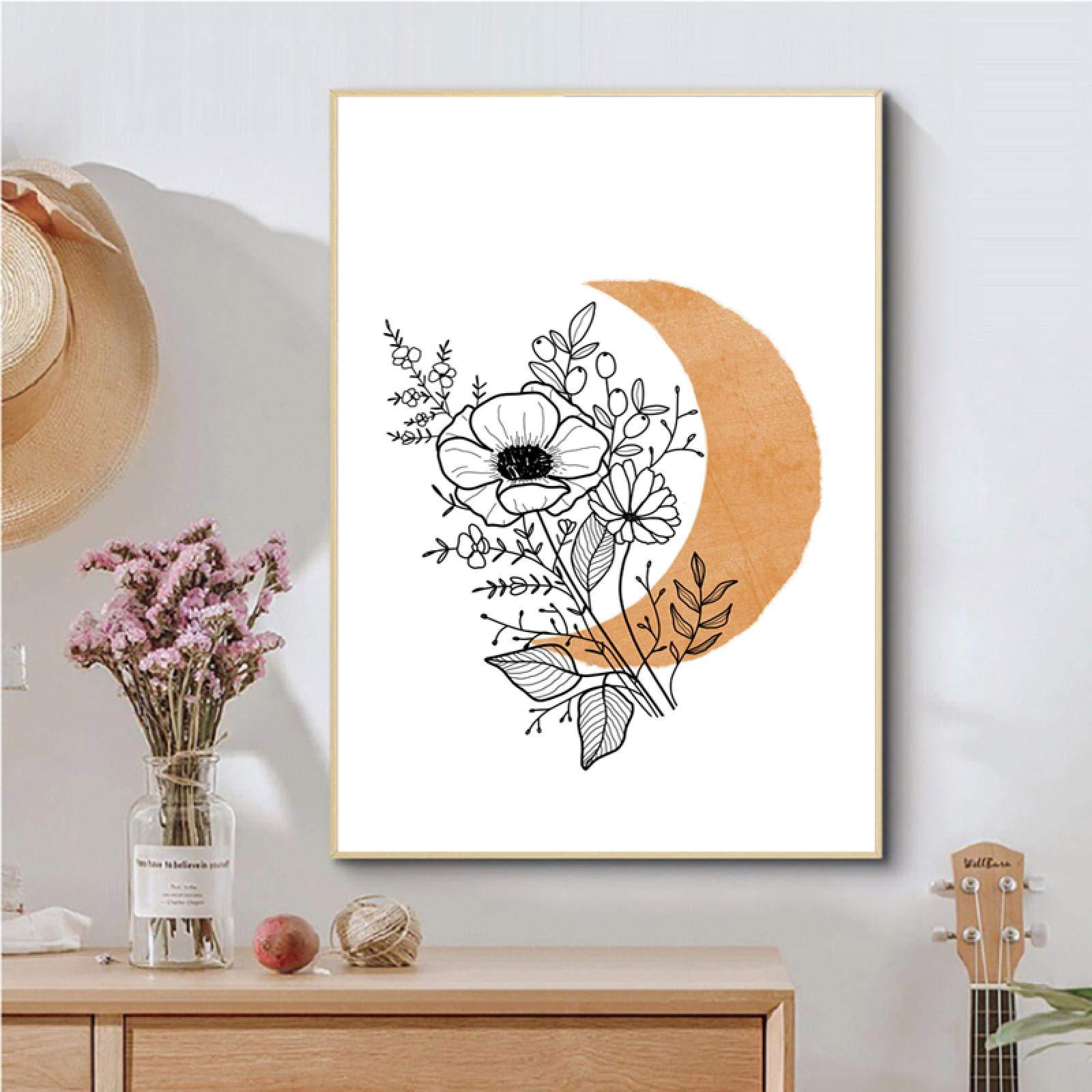 Abstracto Terracota Sol Luna Boho Lienzo Pintura Carteles Impresión Flor Plantas Línea Arte de la pared Imágenes Decoración de la habitación 70x90cm (28x35in) x2 Marco interno