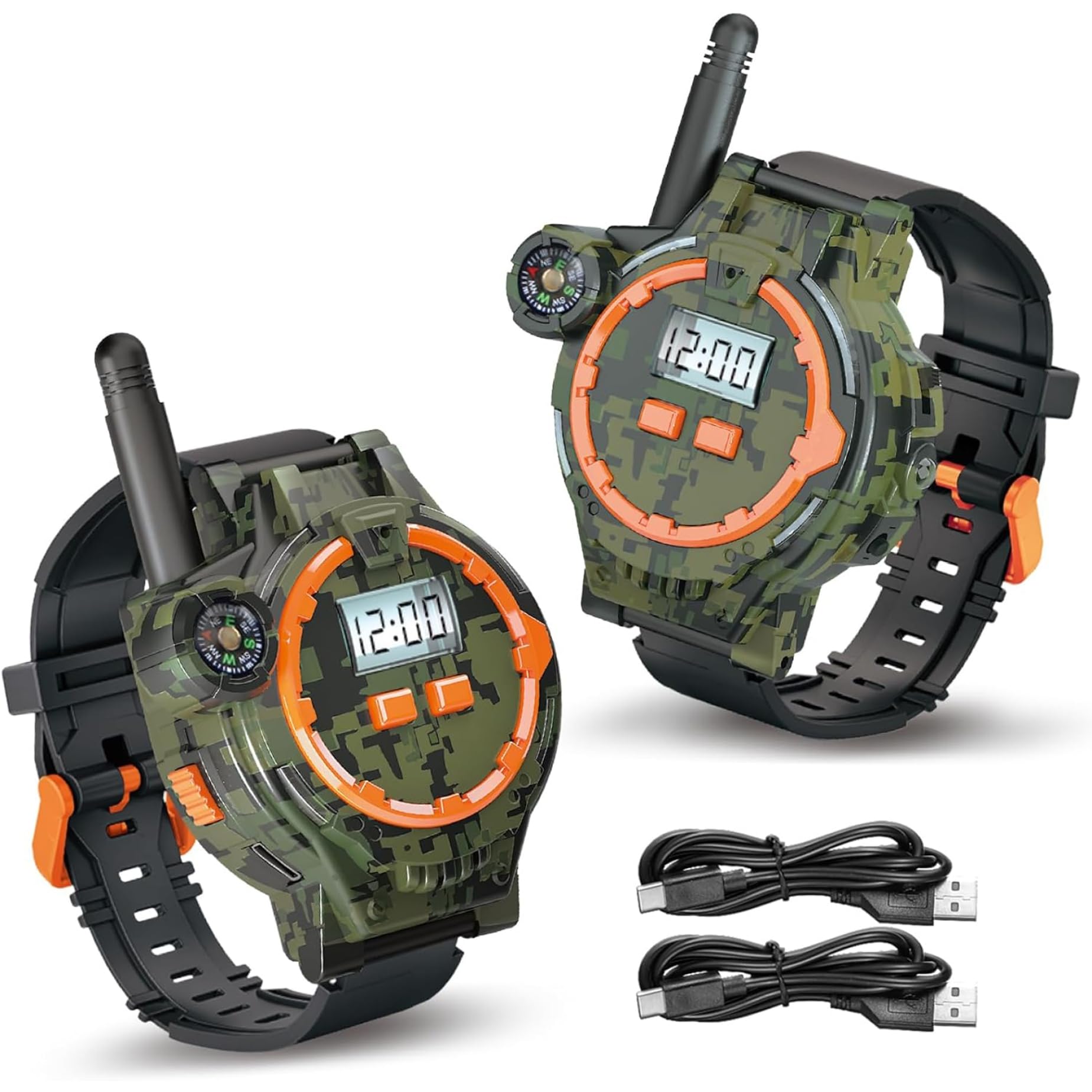 1 paire de talkies-walkies rechargeables USB pour enfants, montre talkie-walkie bidirectionnelle longue portée avec boussole, lampe de poche et heure et date réglables, équipement camping portable