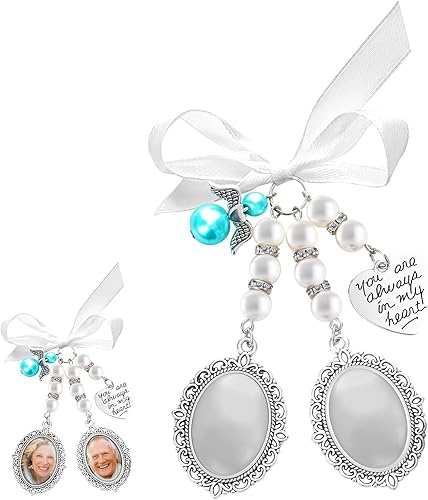 Lusofie 1 ramo de boda para fotos de novia, para boda, lazo de memoria, perla de encaje, ovalado, ángel conmemorativo, dije de foto con texto en