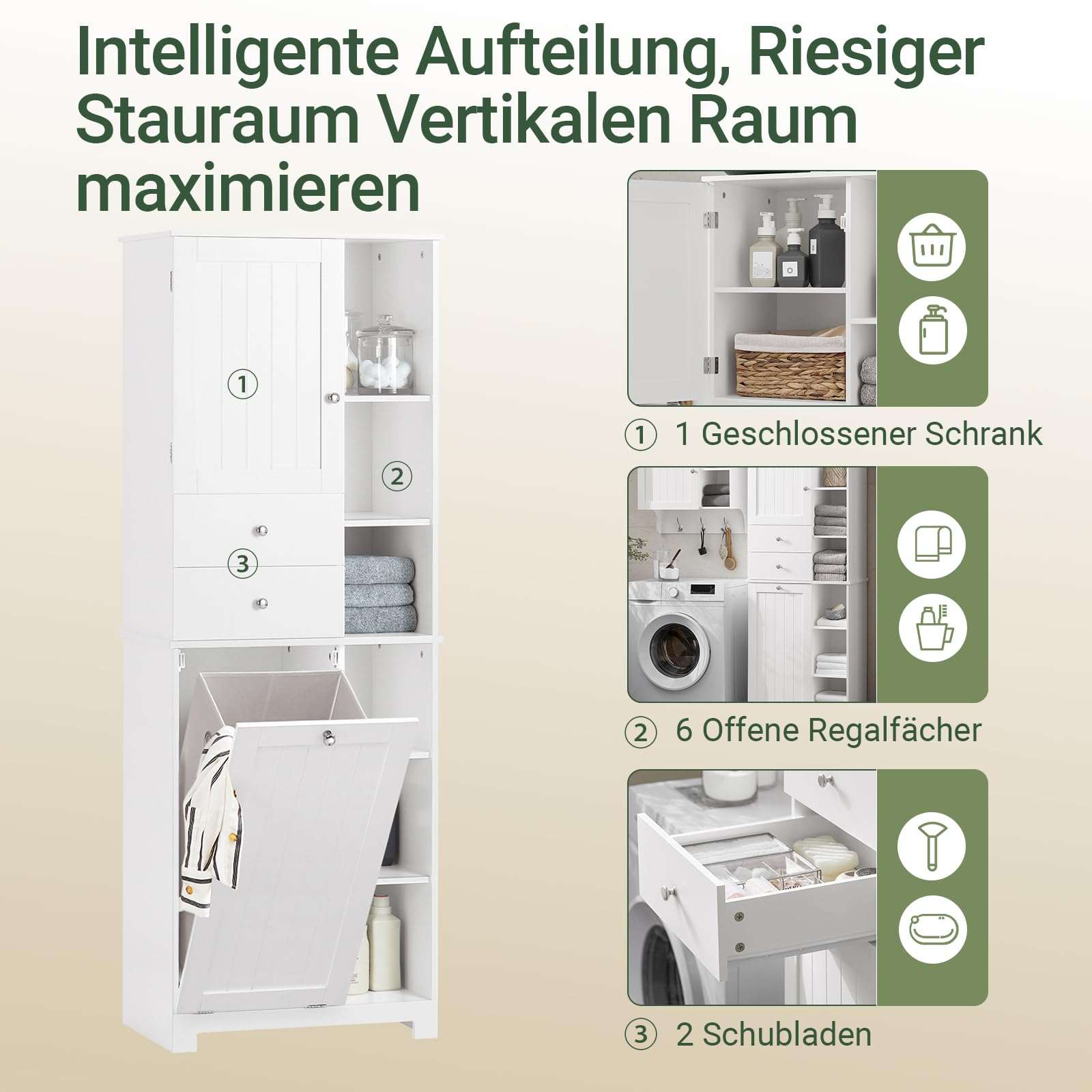 SoBuy Wäscheschrank mit Wäschekorb, 6 Ablagen & 2 Schubladen, 171cm | Schmaler Badschrank mit 6 Ablagen und 2 Schubladen für Wäsche, Handtücher und Pflegeartikel Ideal für Badnischen. BZR104-W