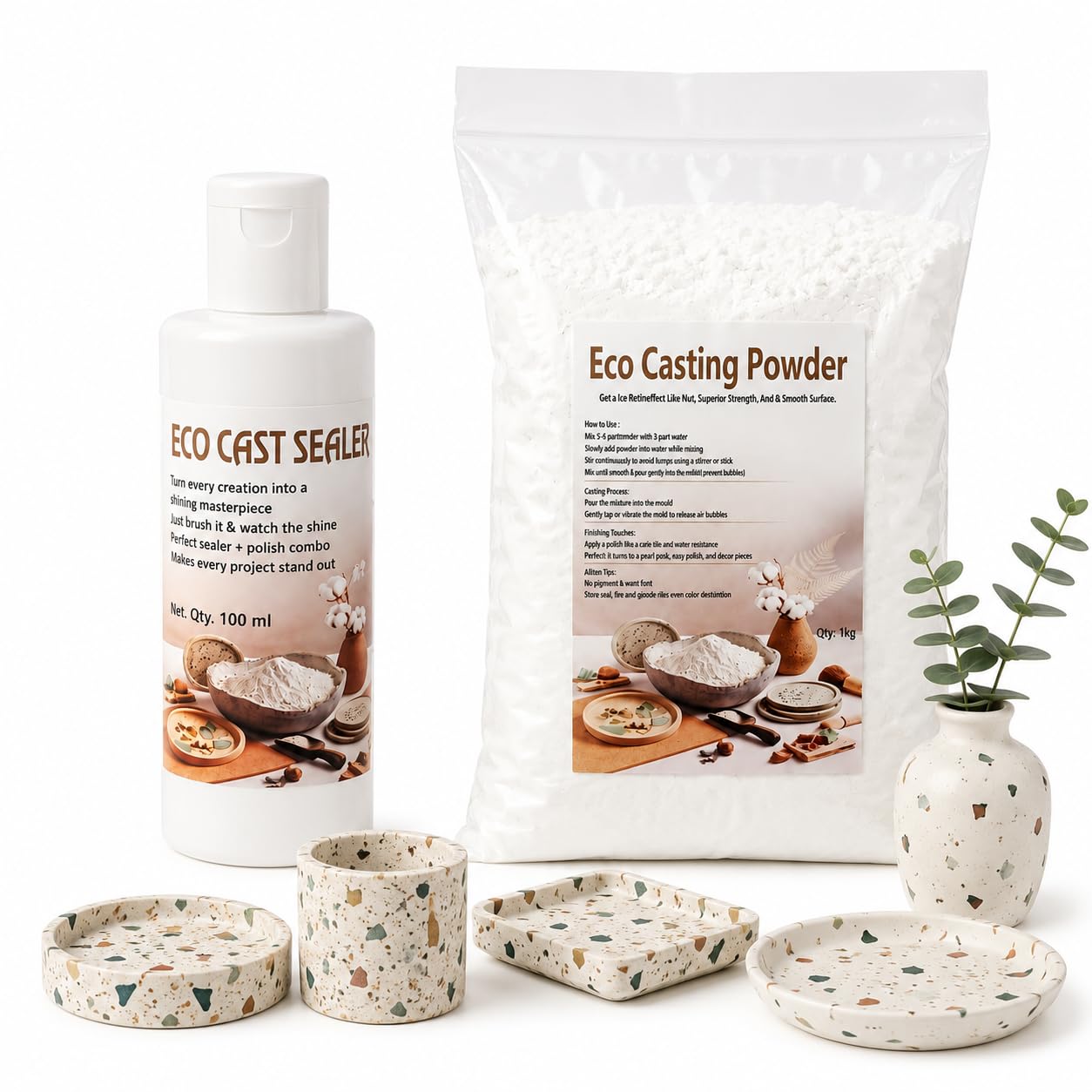 Casting Kit 1kg Eco Casting Powder with 100ml Eco Cast Sealer | Non-Toxic Casting Compound for Trays, Coasters, Decor, Candle Holders, Resin Art, DIY Craft & Home Décor Projects-image-16