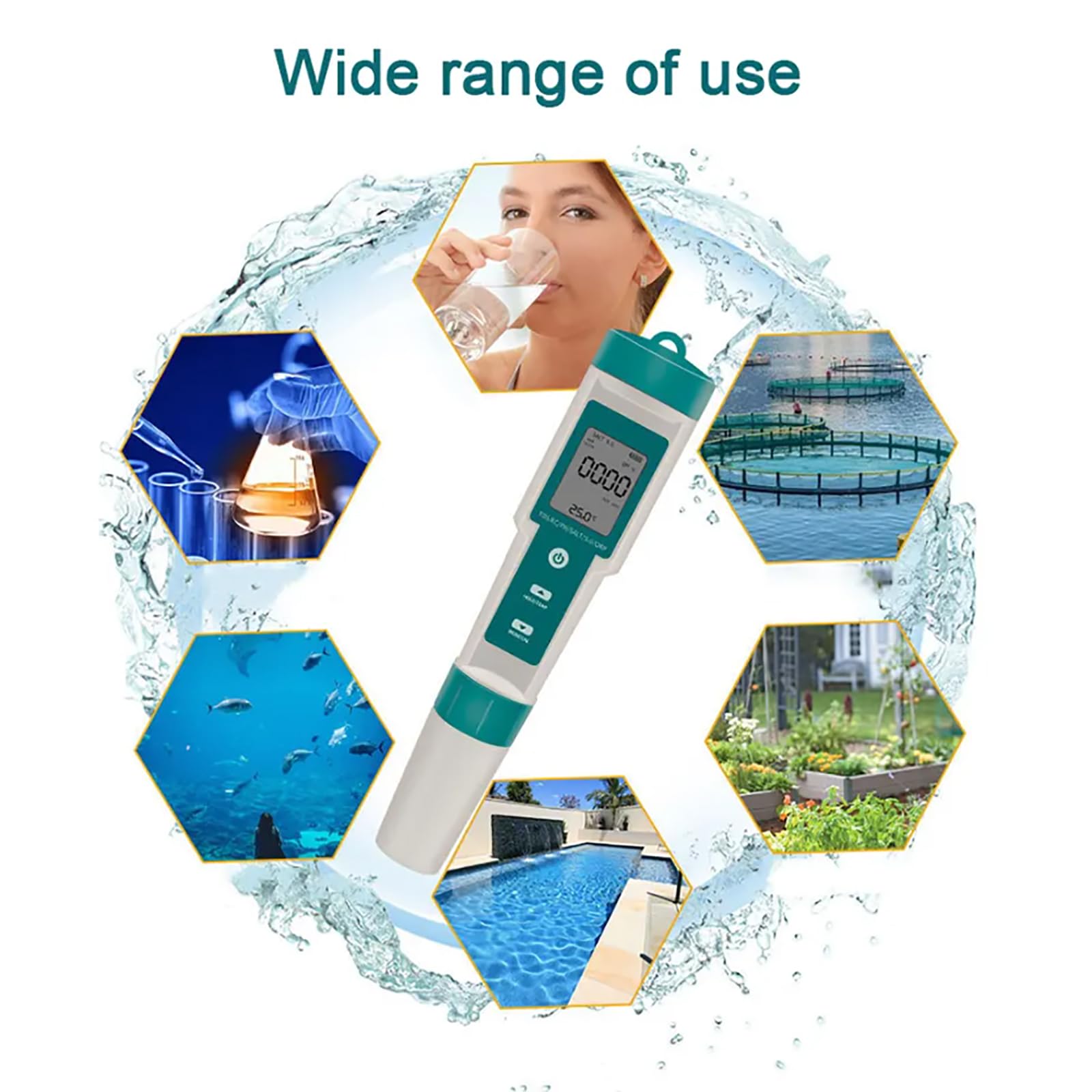ERICAT 7 En 1 PH/ORP/EC/Salt/S.G/TDS/Temp Tester, Monitor De Calidad del Agua con Retroiluminación LCD, Resolución De 0,01 Y Rango De Medición De PH 0-14, Batería Extraíble, para Acuario