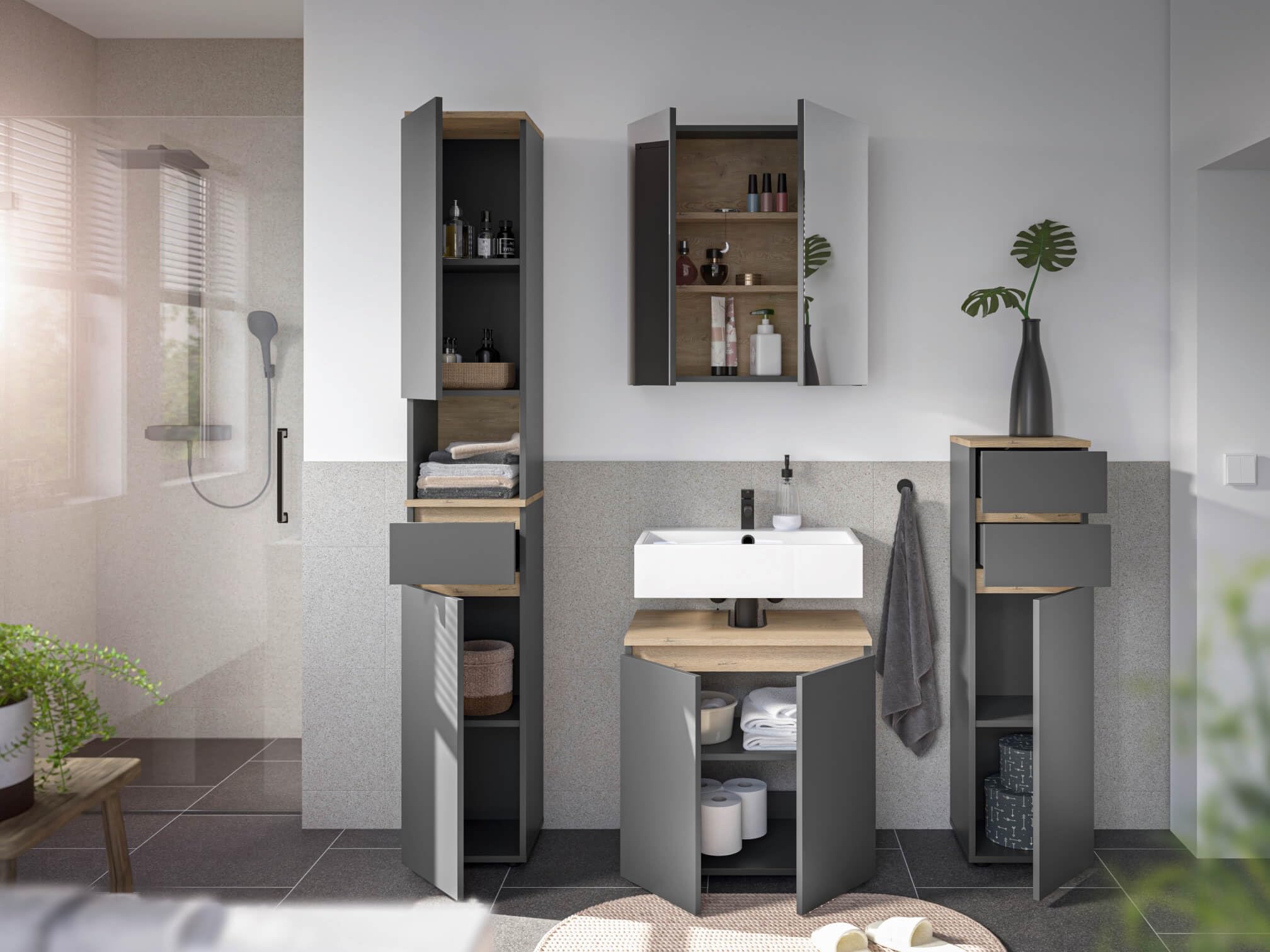 moebel-dich-auf Badezimmer Badmöbel -Set Londres Anthrazit Hochschrank Spiegelschrank Wbu Kommode Set 1