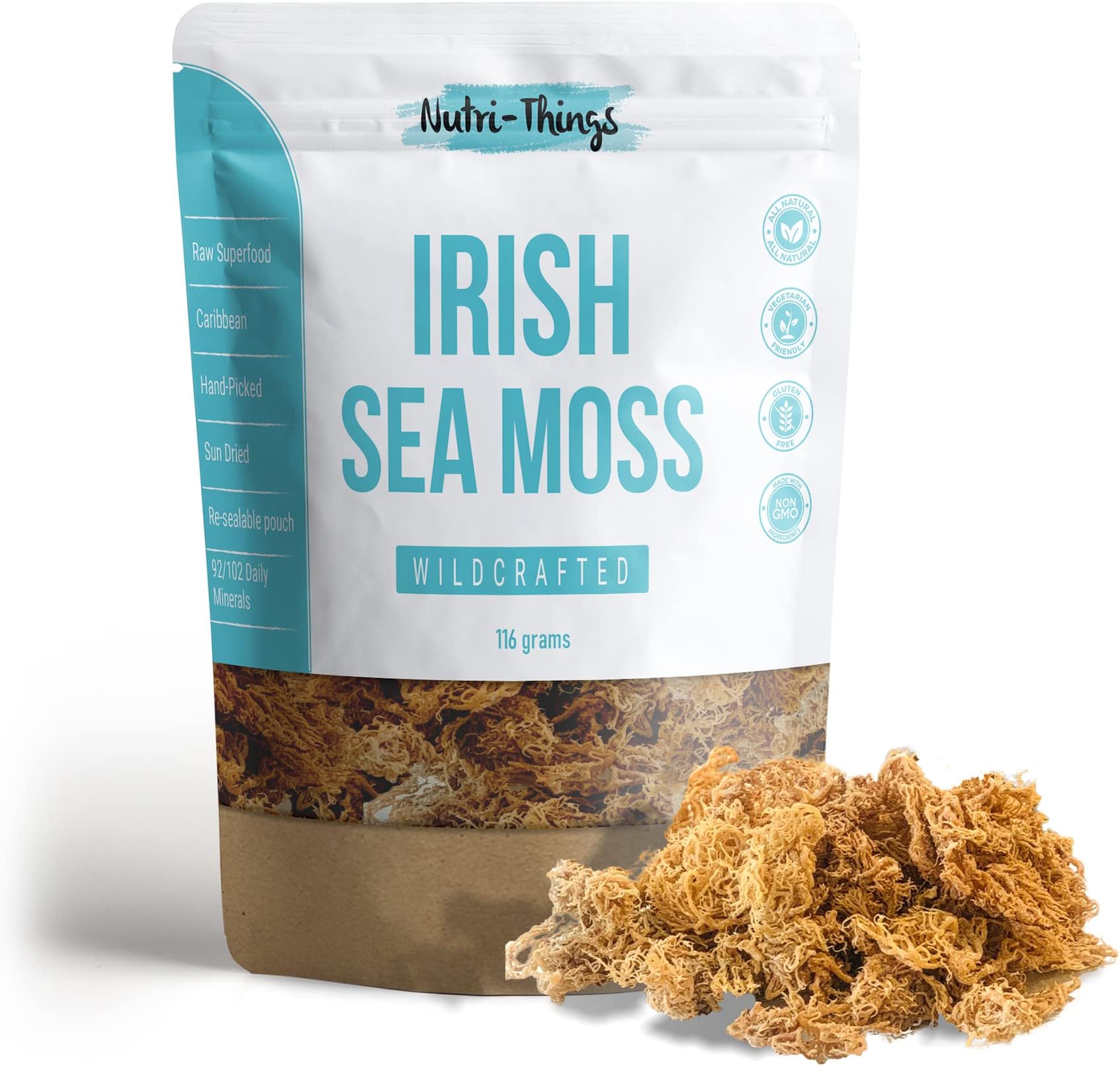 Organic Irish Sea Moss - Raw Seamoss & Sea Moss Gel Base, Wildcrafted Superfood - Rich in Protein, Fiber, 92 Essential Minerals - Vegan, Non-GMO, Organic Sea Moss, Sea Moss Organic Formula - 116g