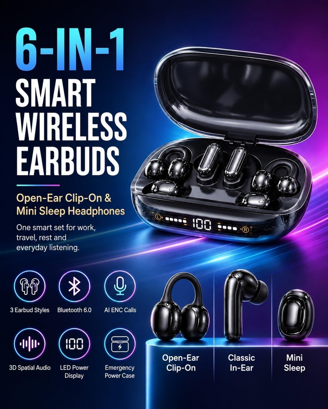 6-in-1 Smart Wireless Earbuds Open-Ear Clip-On & Mini Sleep Headphones