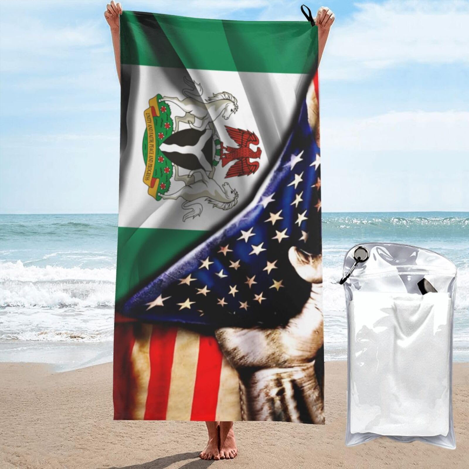 HACXZ Large Camping Towel America Flag and Nigeria Nigerian Flag Microfiber Beach Towel Bathroom Beach Towels
