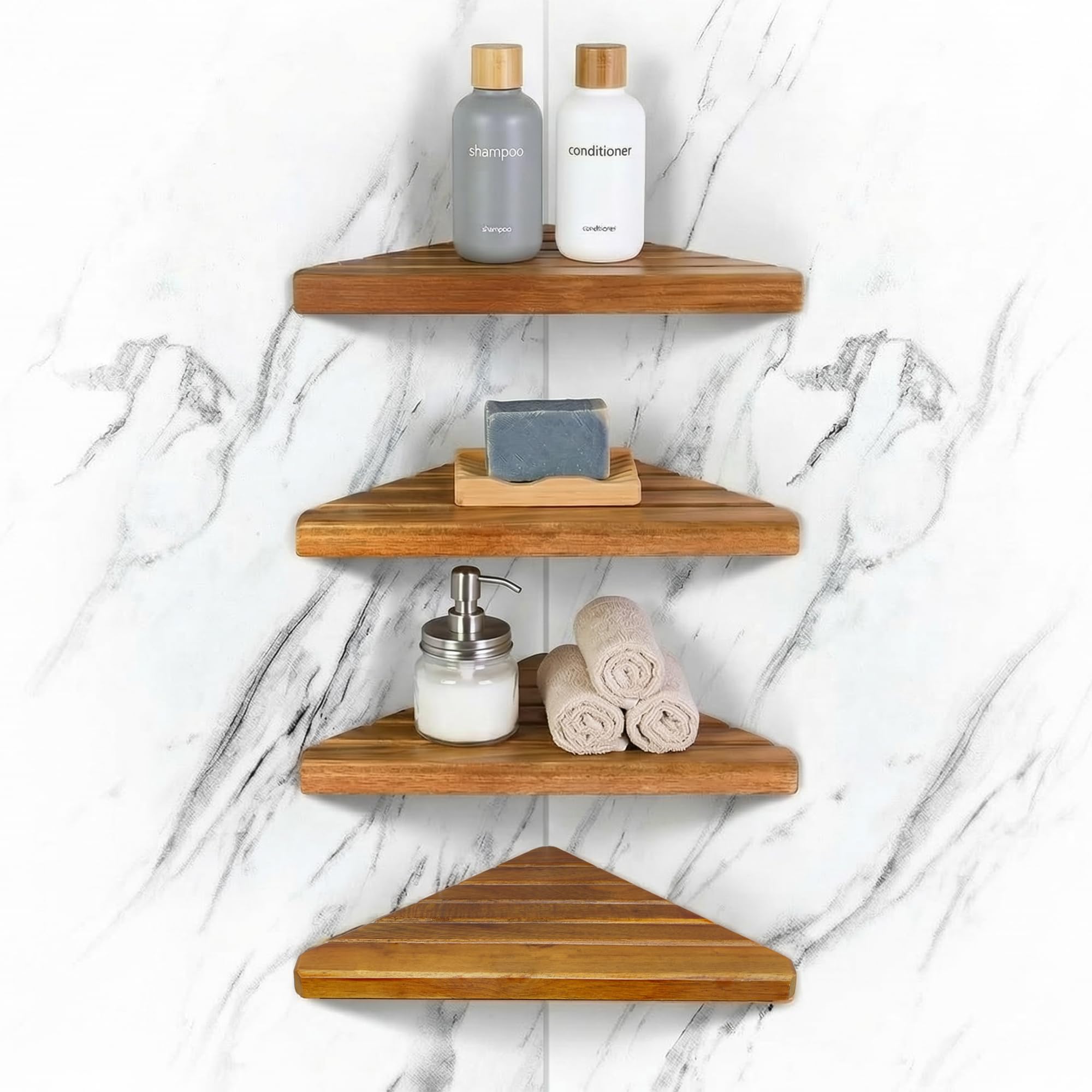 Photo 1 of ENKEZI Acacia 2,3,4 Tiers Corner Shower Shelf, Triangular Corner Shelf Wooden Bathroom Shelf for Tiled Wall, Shower Corner Shelf, No Drilling Requied (4)