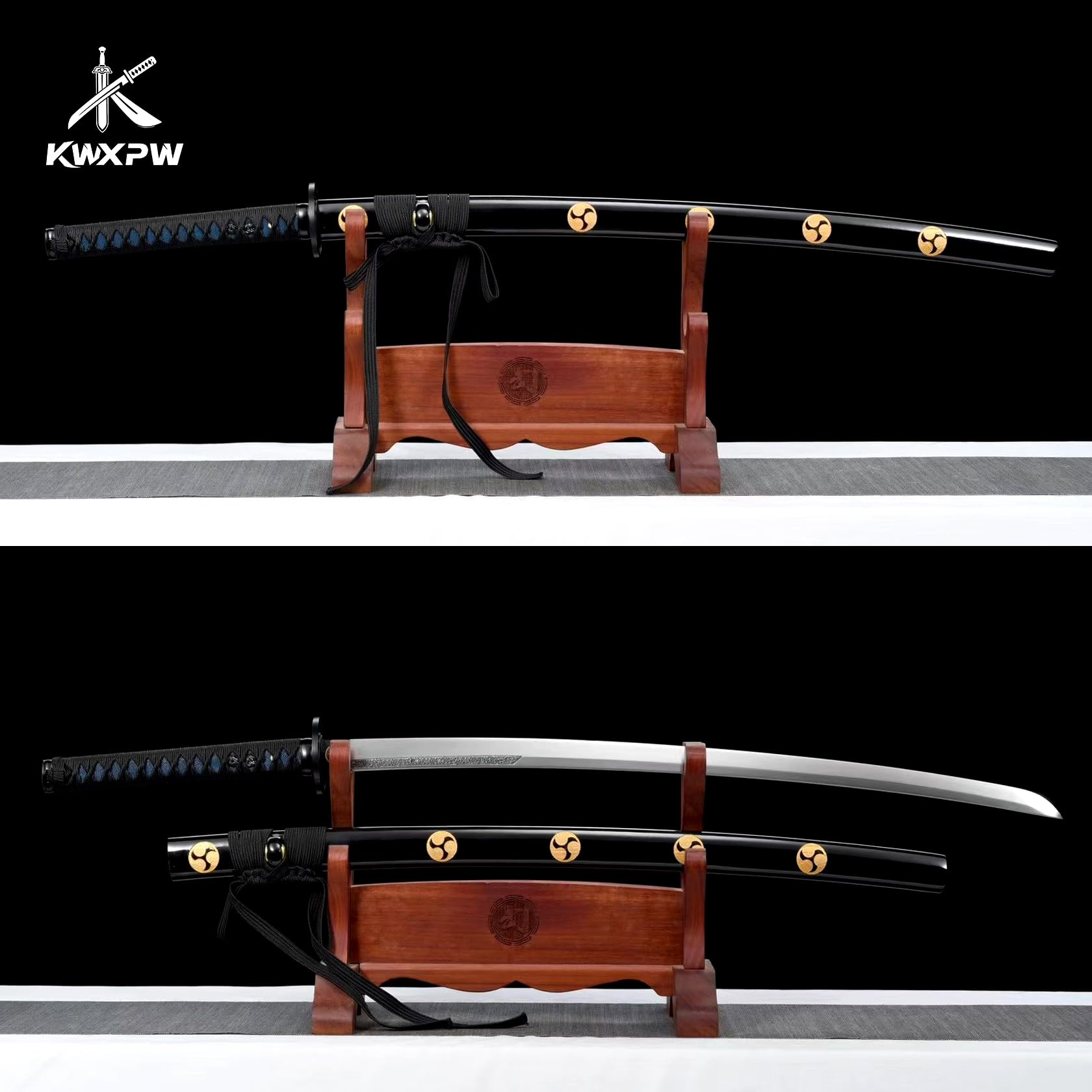 103cm Schwarzes Katana,Japanisches Samuraischwert,Federstahl Klinge,Holzscheide mit Schnitzmuster,handgefertigt echt Samurai-Schwert für Geschenke,Displays,Cosplay,Requisiten,Training