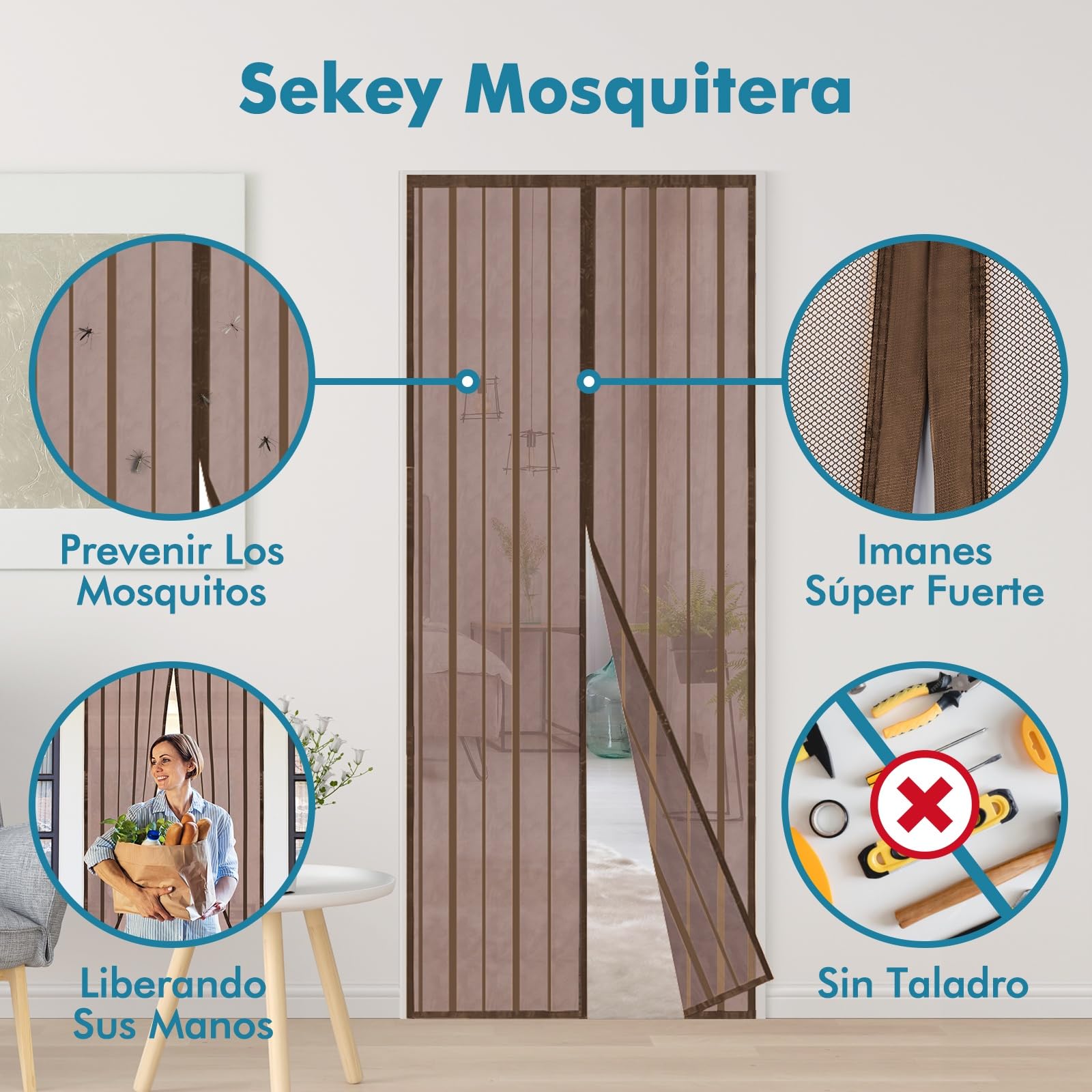 Sekey Cortina Magnética de Puerta a Prueba de Mosquito para Madera, Hierro, Metálicas, Balcón, RV - Cierre Magnético Automático, 90x210 cm, Marrón — view 2