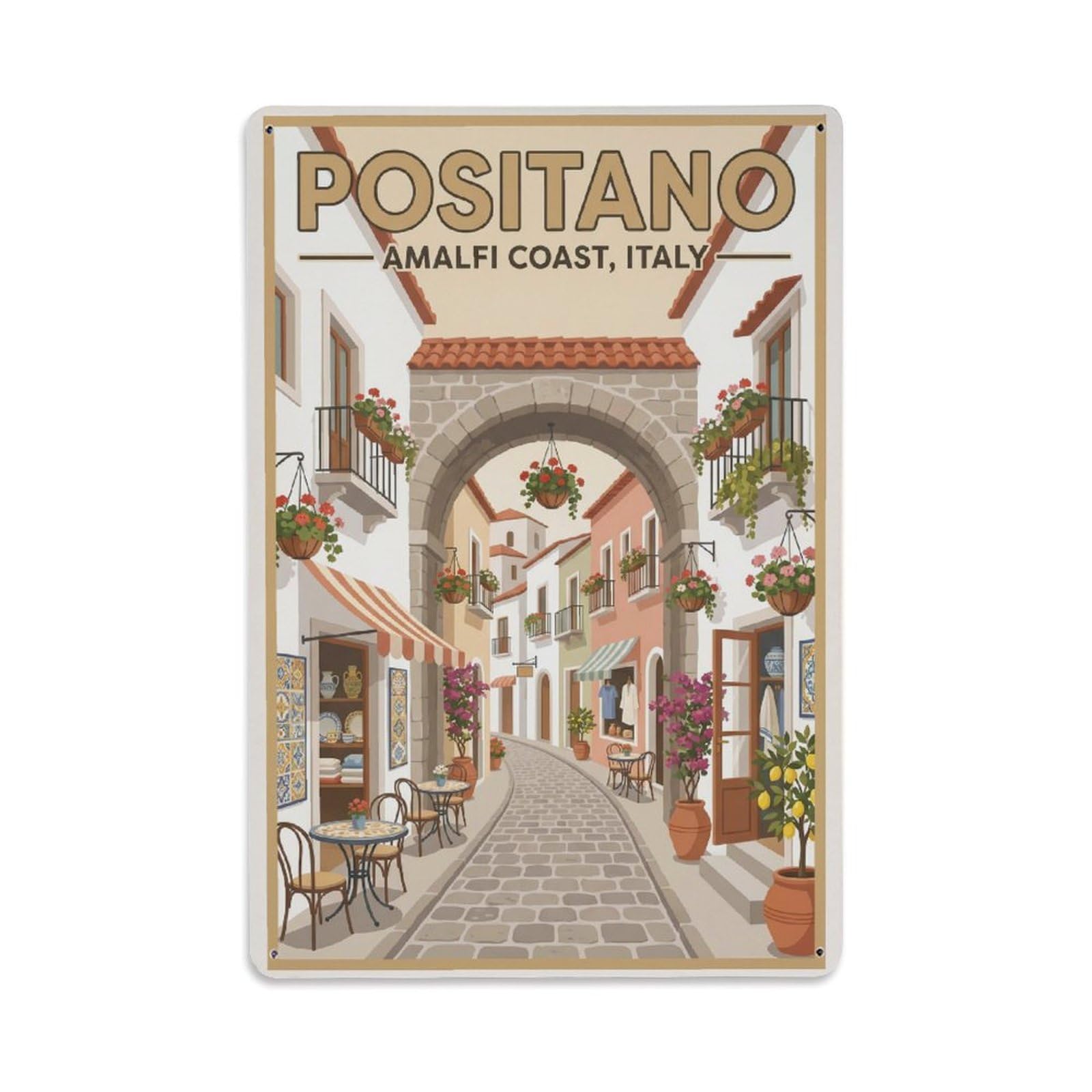 Vintage Travel Positano Italy Beige Metal Tin Sign Plaque Wall Decor for Cafe, Club Bar, Office, Garden Metal Poster 8x12Inch
