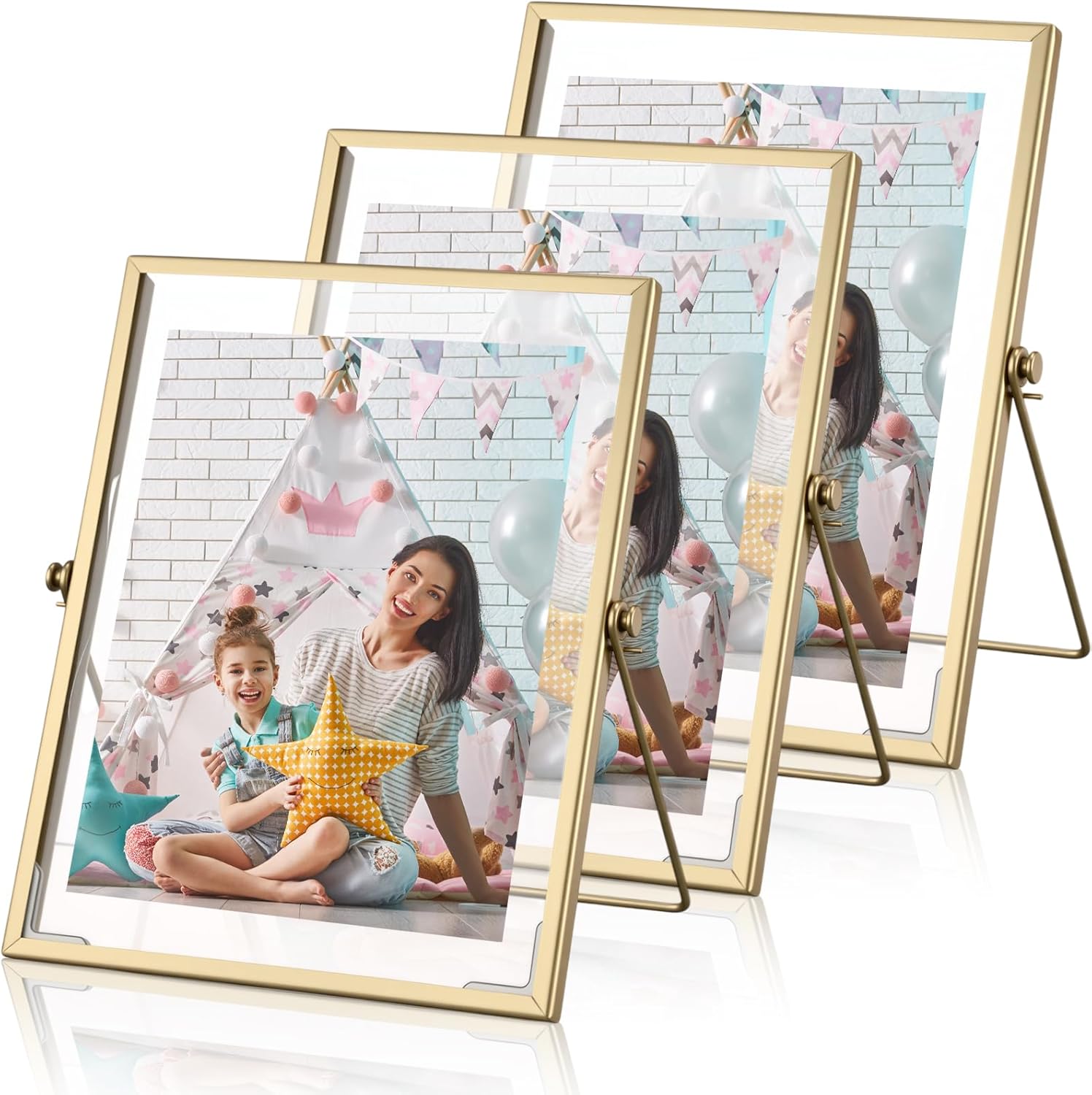 Amyhill 3 Set Gold Floating Picture Frame 7x9 Inch for Picture Sizes 5x7,4x6, 6x8, Vertical Tabletop Display Metal Floating Frame Classy Gift for Wedding Birthday Christmas Home Office Decor