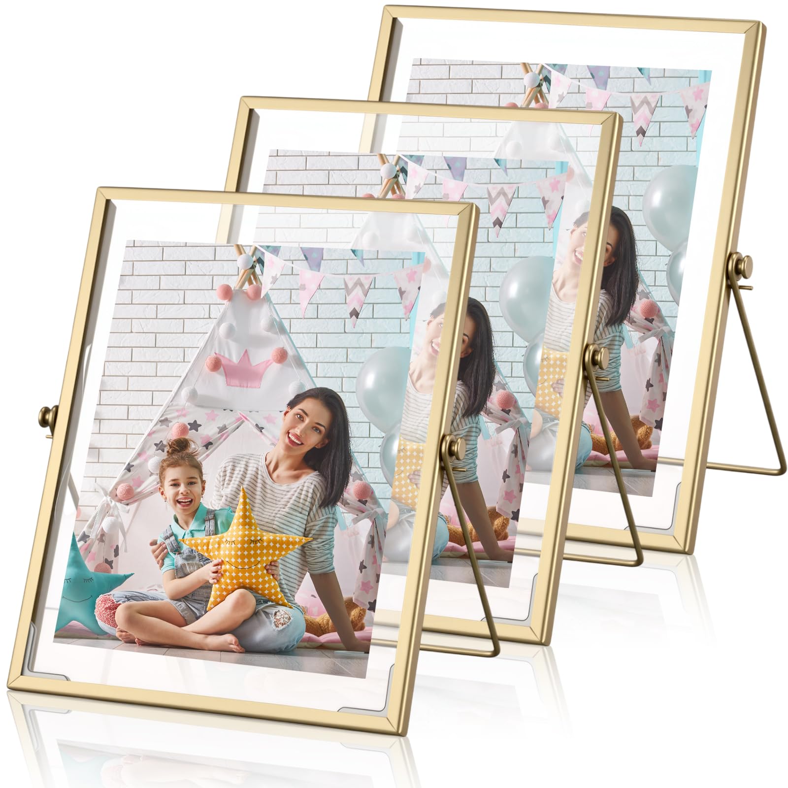 amyhill 3 set gold floating picture frame 6x8 inch for picture sizes 2x3, 3.5x5, 4x6, 5x7 inches , vertical tabletop display metal floating frame classy gift for wedding birthday christmas home office decor