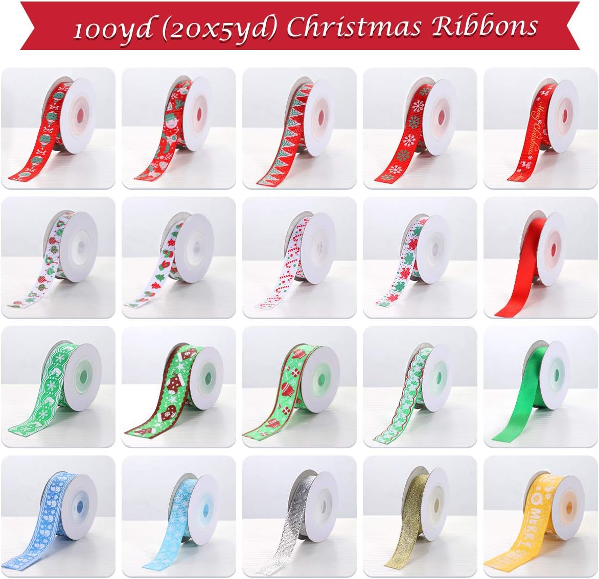 Unomor 20 Rolls Christmas Ribbons Holiday Polyester Grosgrain Ribbon for Wrapping Hair Bows DIY Craft, Party Decorations Multi-Color