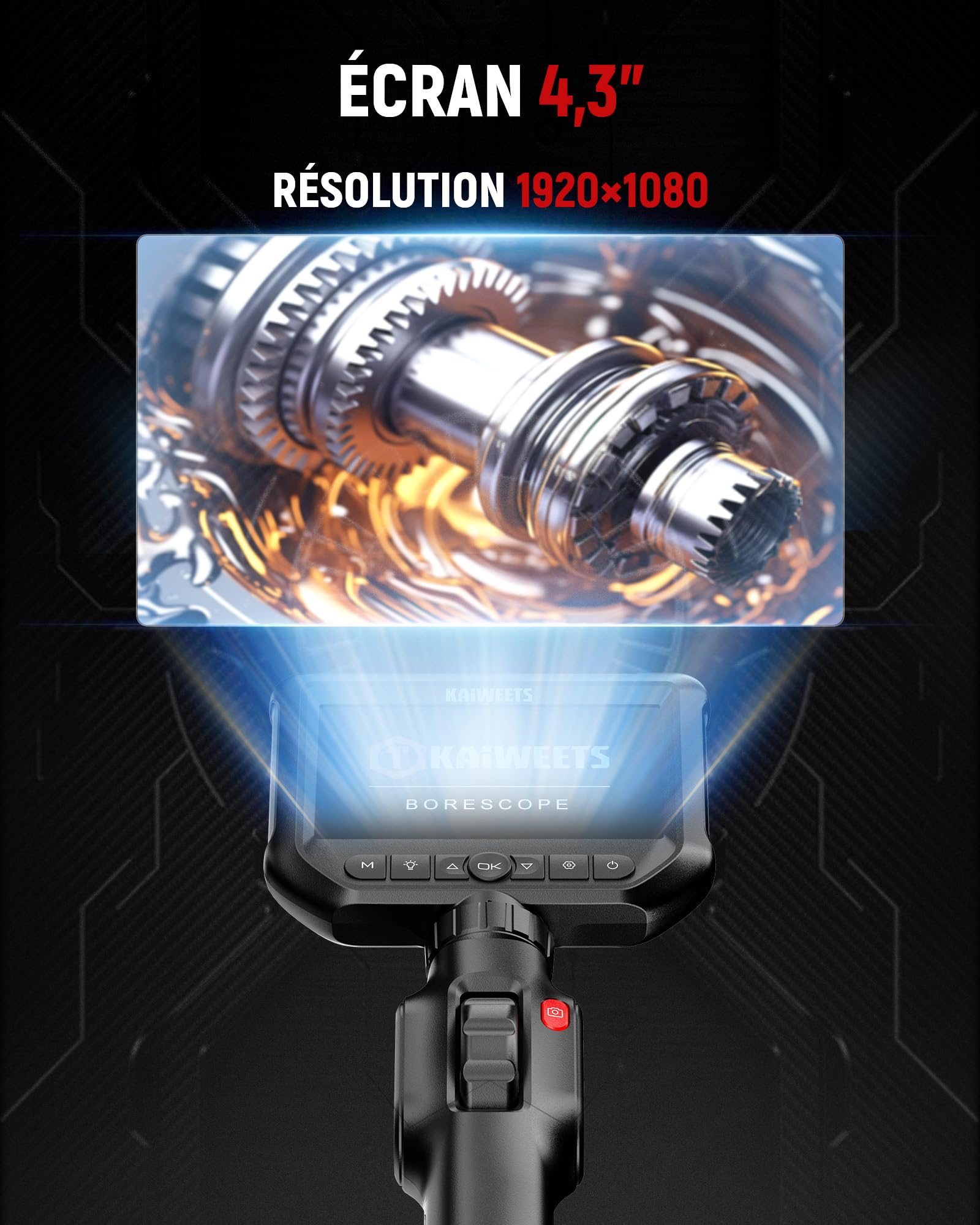 KAIWEETS Camera Endoscopique, 4.3" 1080P HD Endoscope avec Molette de Défilement, Rotation Bidirectionnelle à 210 °, 2M Caméras D'inspection IP67 Étanche pour l'inspection Automobile et de Tuyaux
