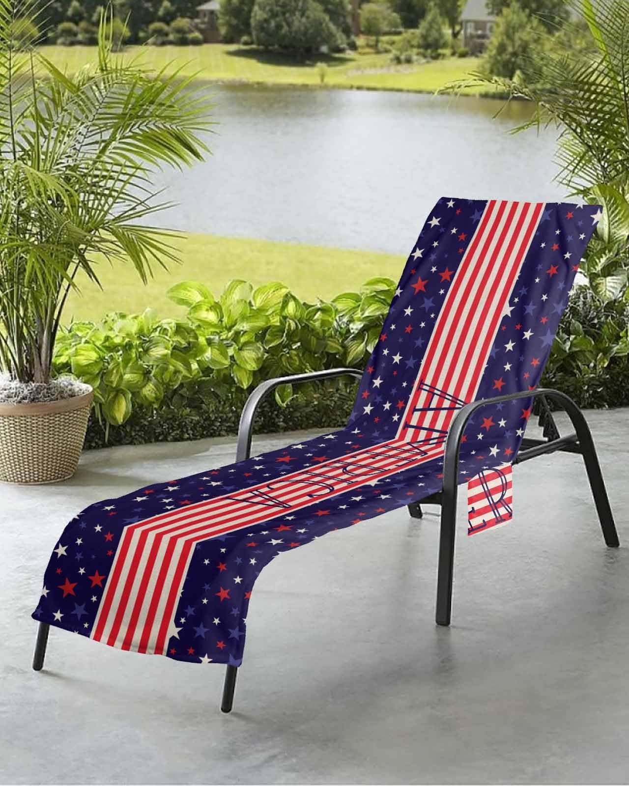 Stars Flag Beach Chair Towel Covers for Chaise Lounge with Side Pocket, Soft Plush Pool Towels Cover for Patio Sunbathing Outdoor 29''x85'' Red Blue Independence Day Stripes Farmhouse