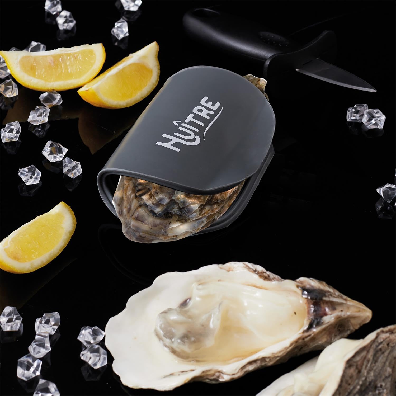 Huitre - Set di coltelli ostriche con tappetino in silicone professionale in acciaio inox con manico protettivo, colore: Grigio