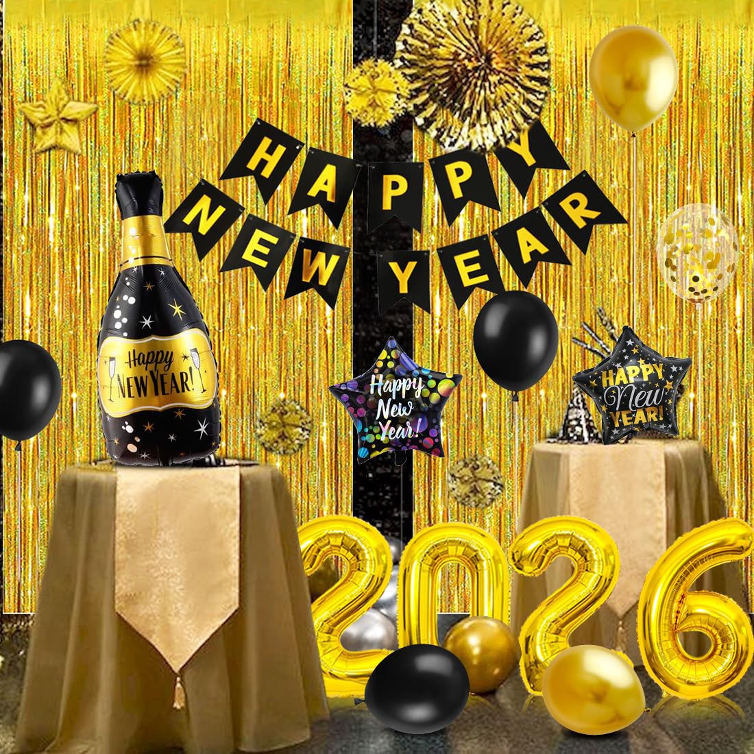 2026 Oudejaarsavonddecoratie ballon, set van 18 stuks New Year decoratie 2026, folieballon met aluminiumfolie gouden confetti voor