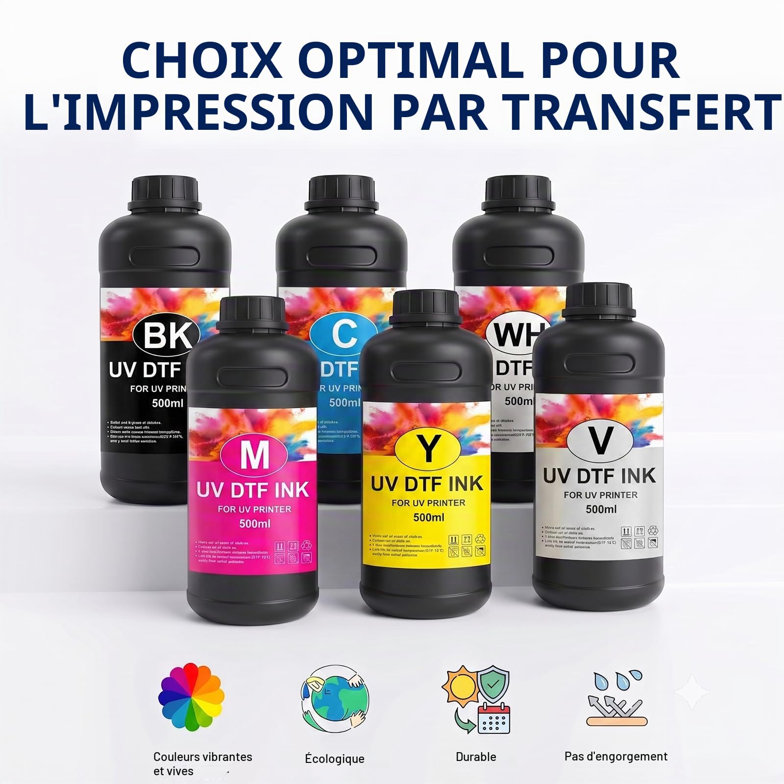 UV DTF Encre 500-ml pour UV DTF A B Films Compatible pour Epson XP600 TX800 i1600 i3200 L805 1390 DX5 DX6 DX7 DX10 Sticker Imprimante(Noir, Cyan, Magenta, Jaune, Blanc, Vernis)