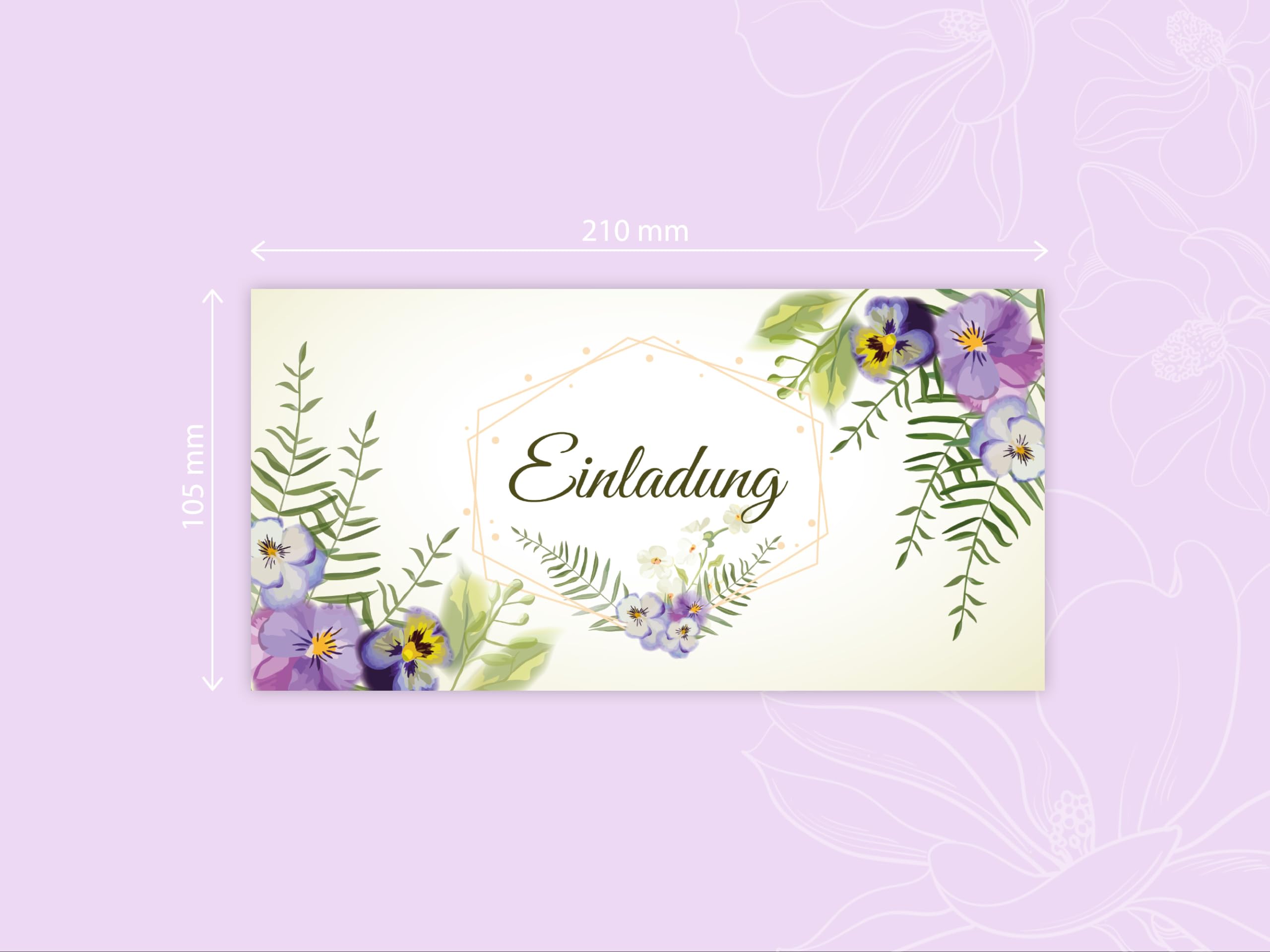 250 Einladungskarten für Hochzeit, Standesamt, Geburtstag, Konfirmation, Kommunion, Jugendweihe, Taufe, Geburtstag Jubiläum. Klappkarten DIN lang (21 x 10,5 cm). Blumenmuster Veilchen Viola Pastell