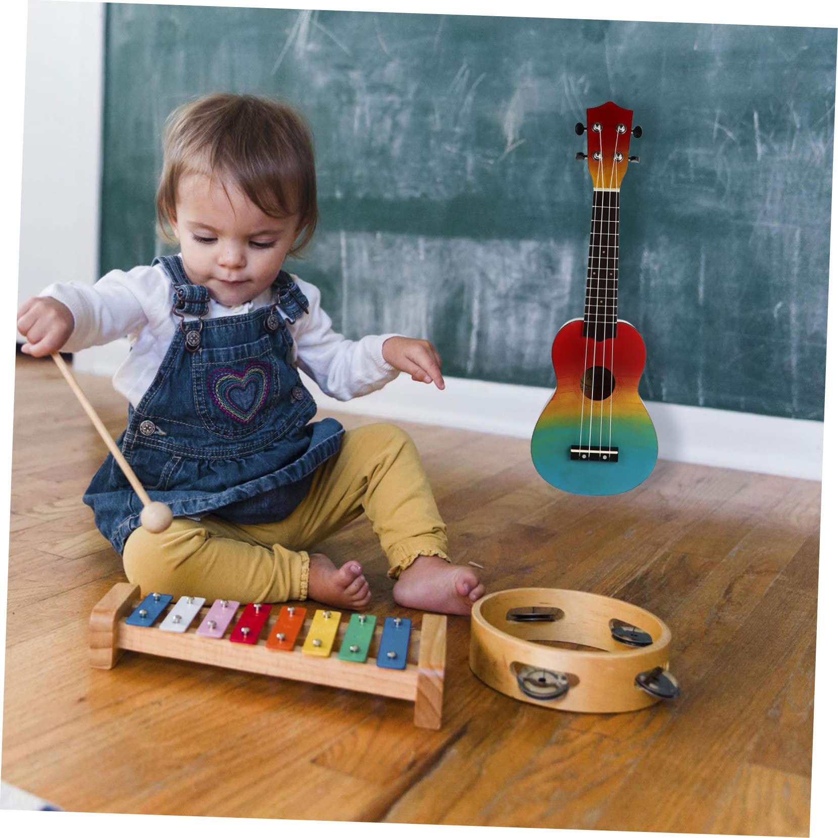 TOYANDONA Ukulele per Principianti Motivo Arcobaleno Disegnato Mano Strumento Acustico in Legno Sicuro e Ecologico