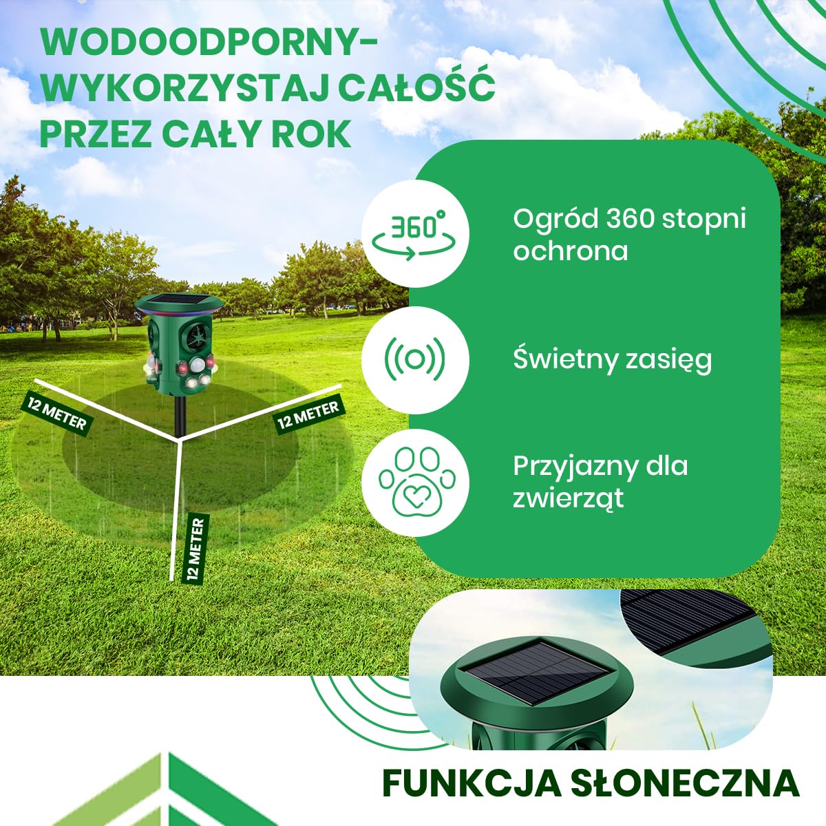 Odstraszacz kotów Fleau Garden PRO - Odstraszacz zwierząt - Ultradźwiękowy - Energia słoneczna - kun - gołębi - szkodników - Wodoodporny (Zielony — ochrona 360°)