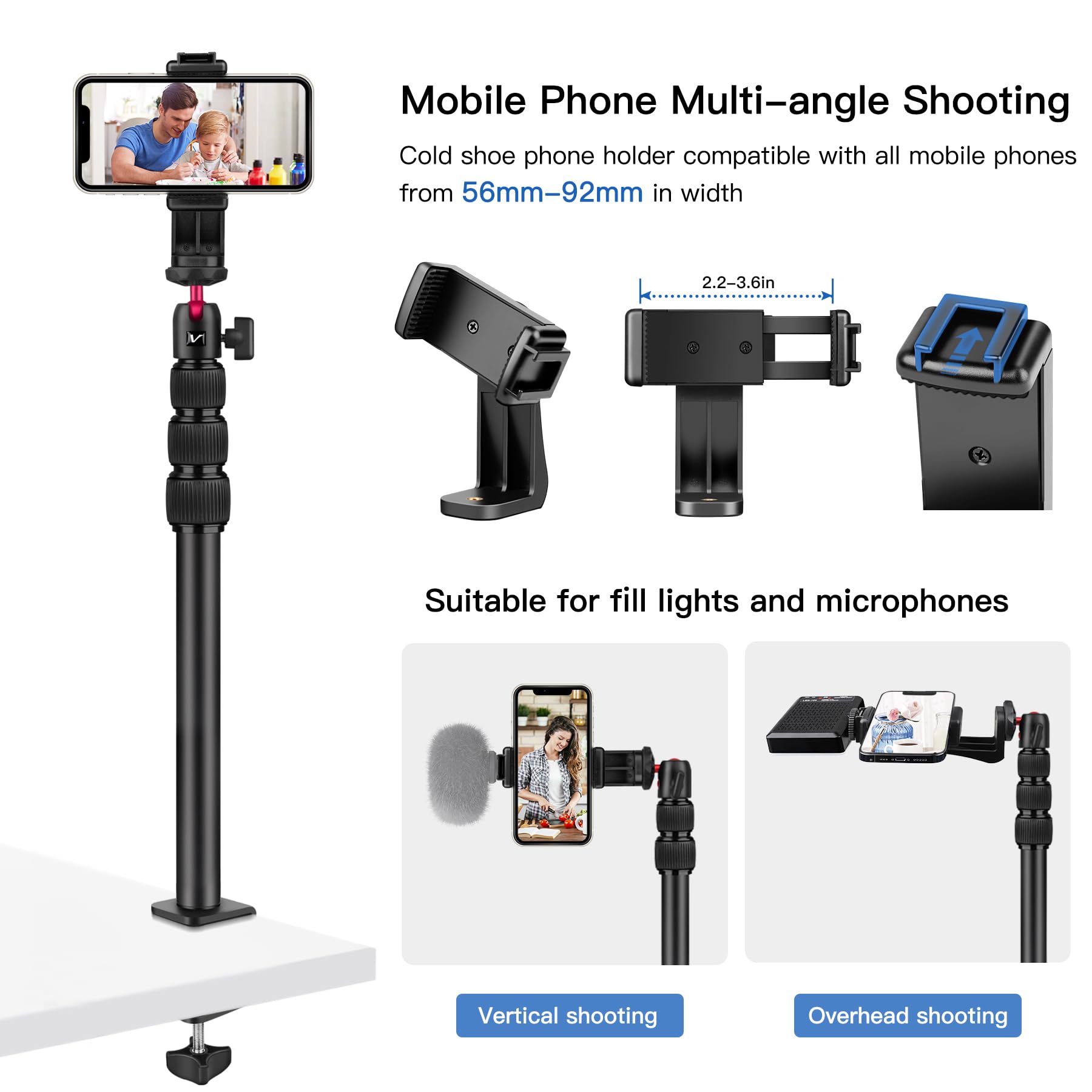 Victiv Kamera Tischhalterung, 37cm-105cm Kamera Tischstativ für DSLR Canon, Lichtstativ Klemmstativ mit Flexibler Arm & 1/4" Kugelkopf für Kameras, LED-Licht, Webcam, Handy Tisch Stativ für Smartphone