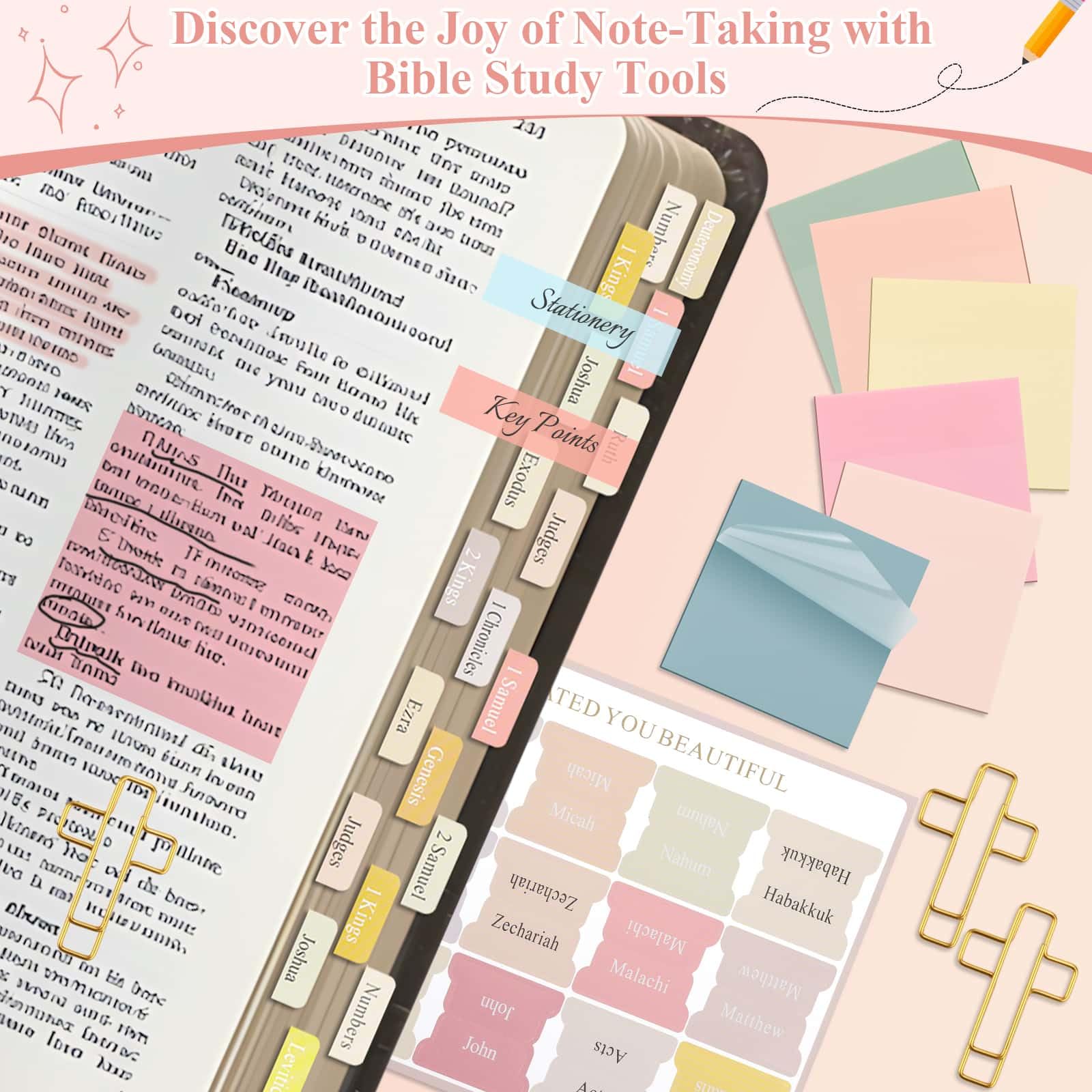 Flasoo Paquete de 106 suministros de estudio bíblico para mujeres, kit de anotación de diario de la iglesia, notas y marcadores con estuche y más accesorios de la Biblia, regalo cristiano