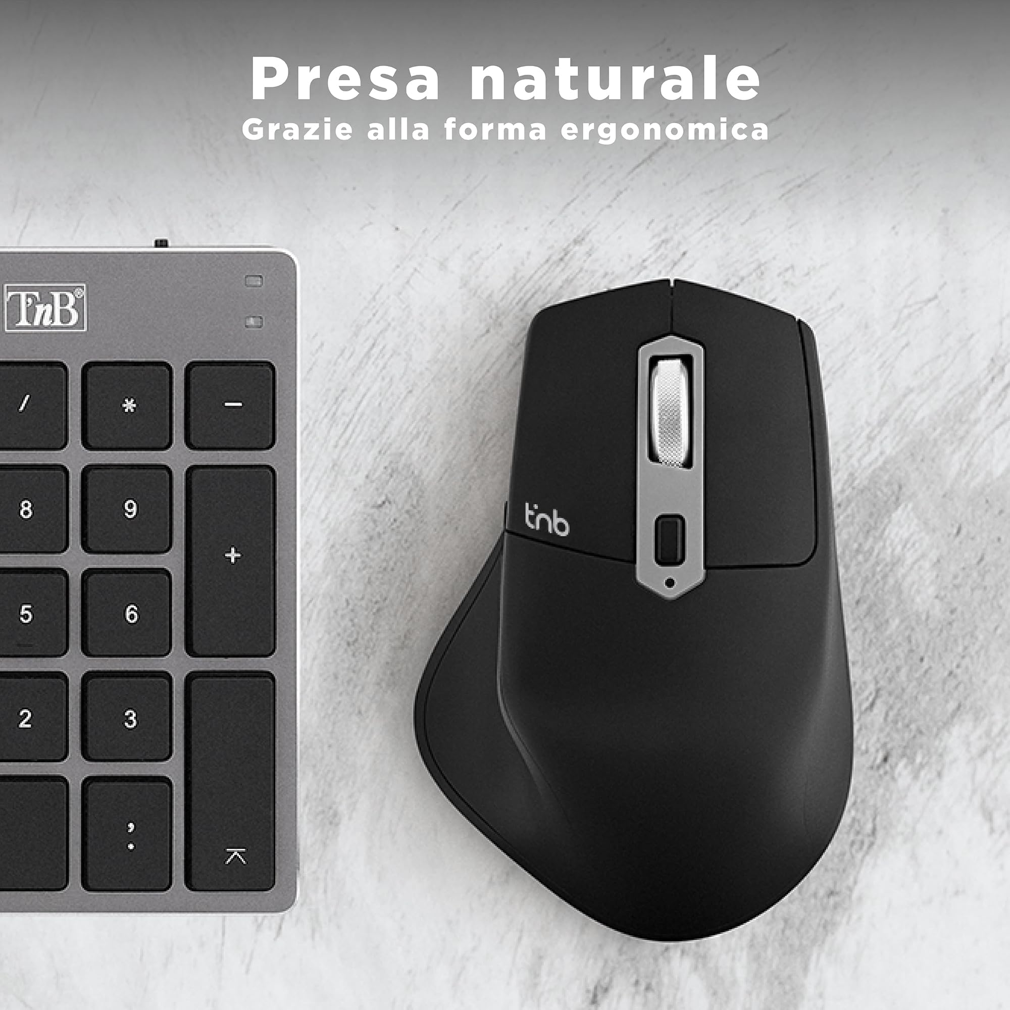 T'nB Mento Mouse 3 Modalità Bluetooth USB A e USB-C Ricaricabile Alta Durata Batteria Alta Precisione 2400 DPI Impugnatura Molto Confortevole Sensazione Naturale 7 Tasti - Nero