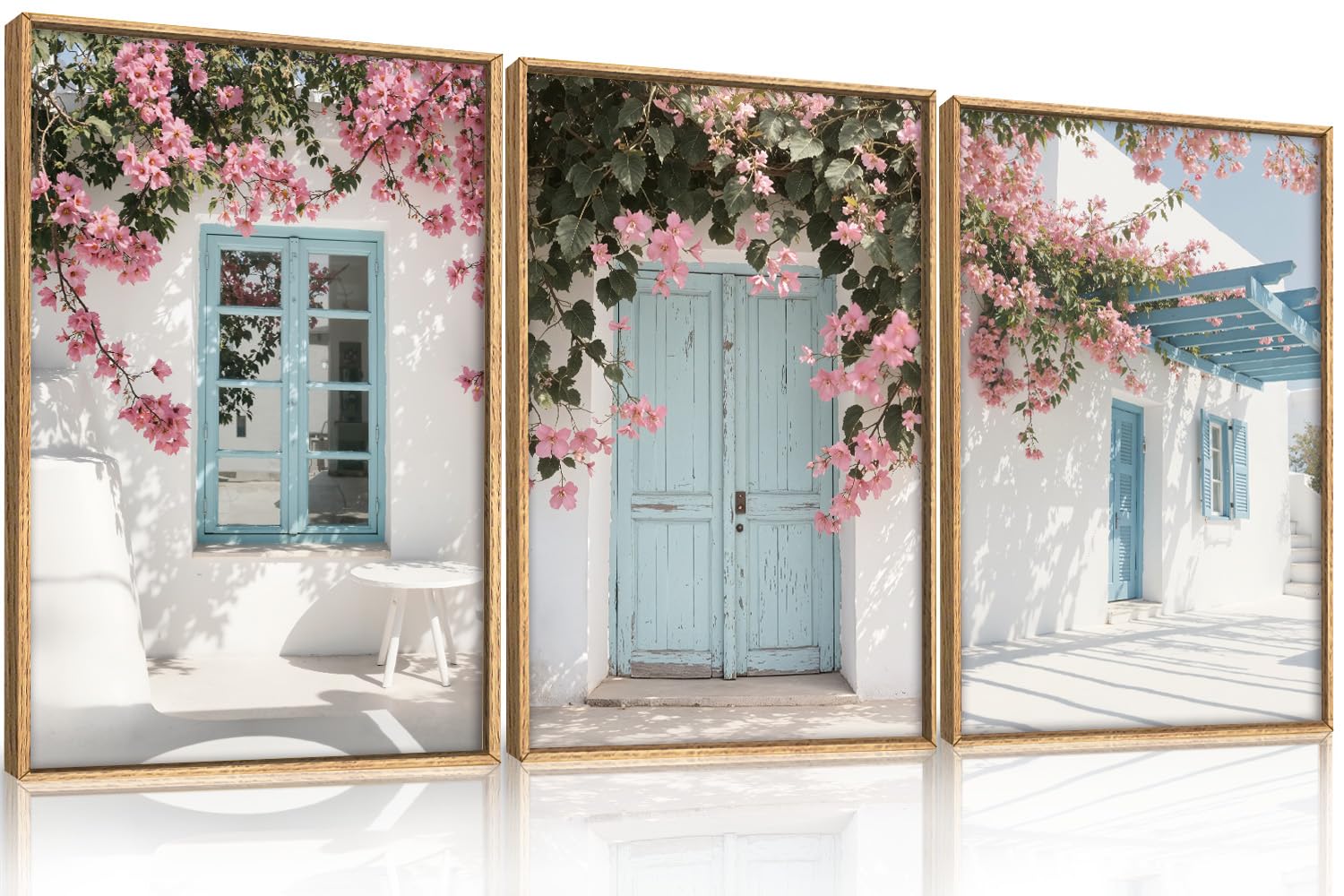 HOURIA Spring Modern Greek Island Cityscape Framed Canvas Wall Art Set,European White House Blue Door Shutter Landscape Wall Decor,Santorini Natural