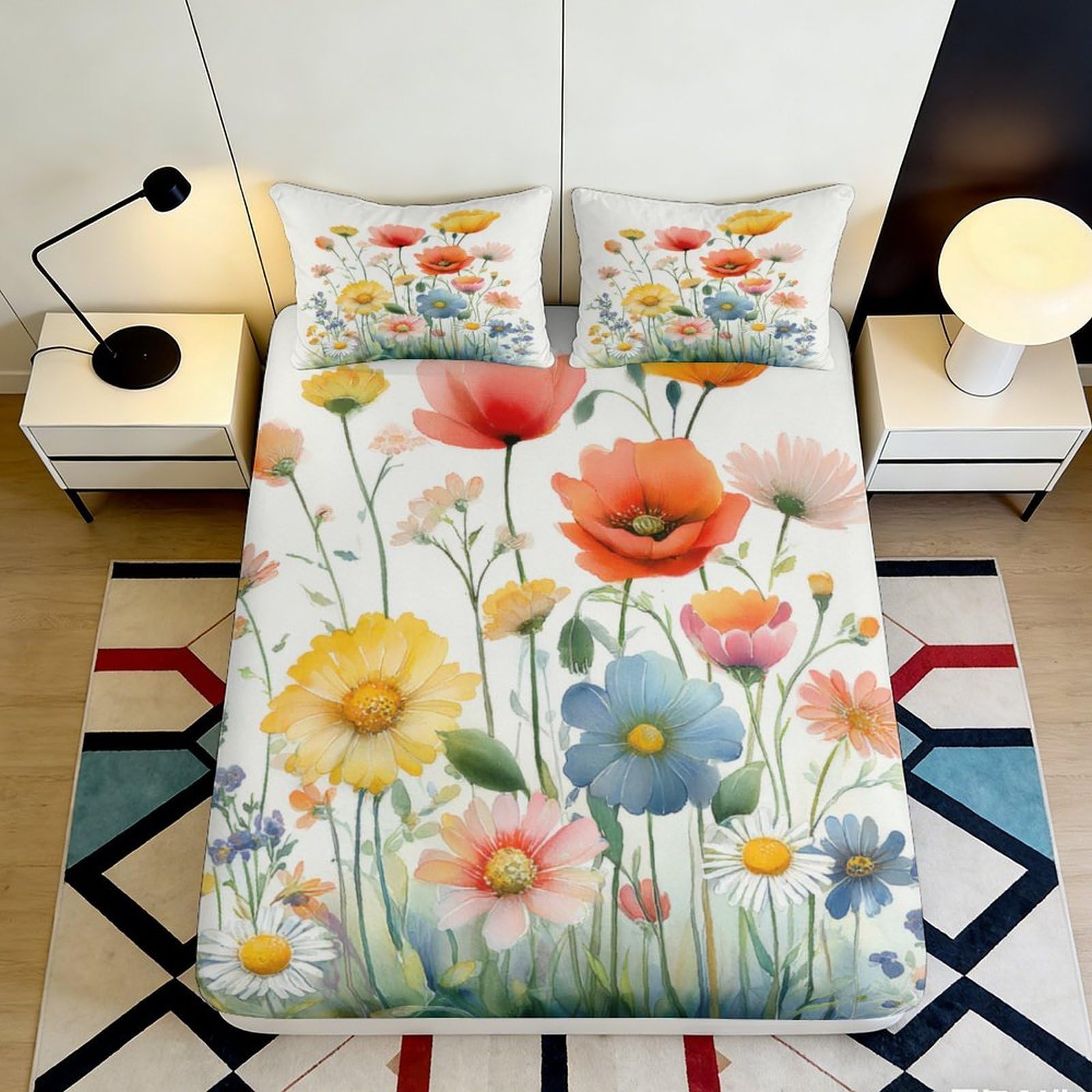 3D Printed Wildflower Fitted Sheet Microfiber Soft Colourful Meadow Bed Cover for Bedroom Guest Room Decor 90x200x25cm