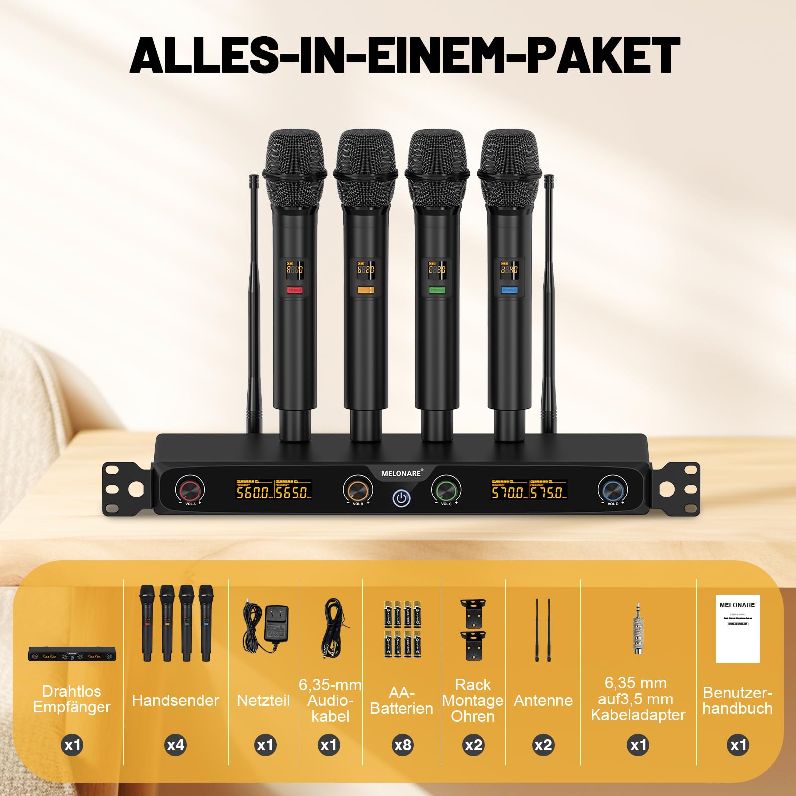 MELONARE 4-Kanal UHF Rackmount Funkmikrofonsystem MWM-41F | 4 dynamische Handmikrofone, 4 x 10 Frequenzen, 260 Fuß Reichweite, Live-Gesang, Karaoke, Gottesdienste, DJ-Events