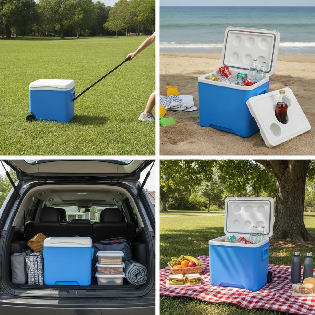 Glacière 30 L à roulettes, Bleu avec Porte-gobelet