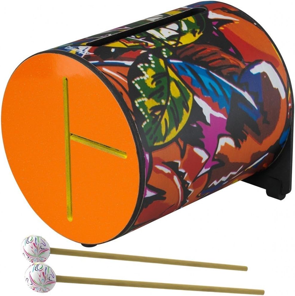remo Drum, Rhythm Log, 7" x 8", With Mallets, Tropical Leaf, Orange