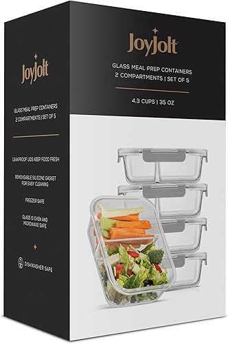 Miniatura 8 de JoyJolt Contenedores divididos para almacenamiento de alimentos con tapas herméticas. Paquete de 5 recipientes de vidrio para preparación de