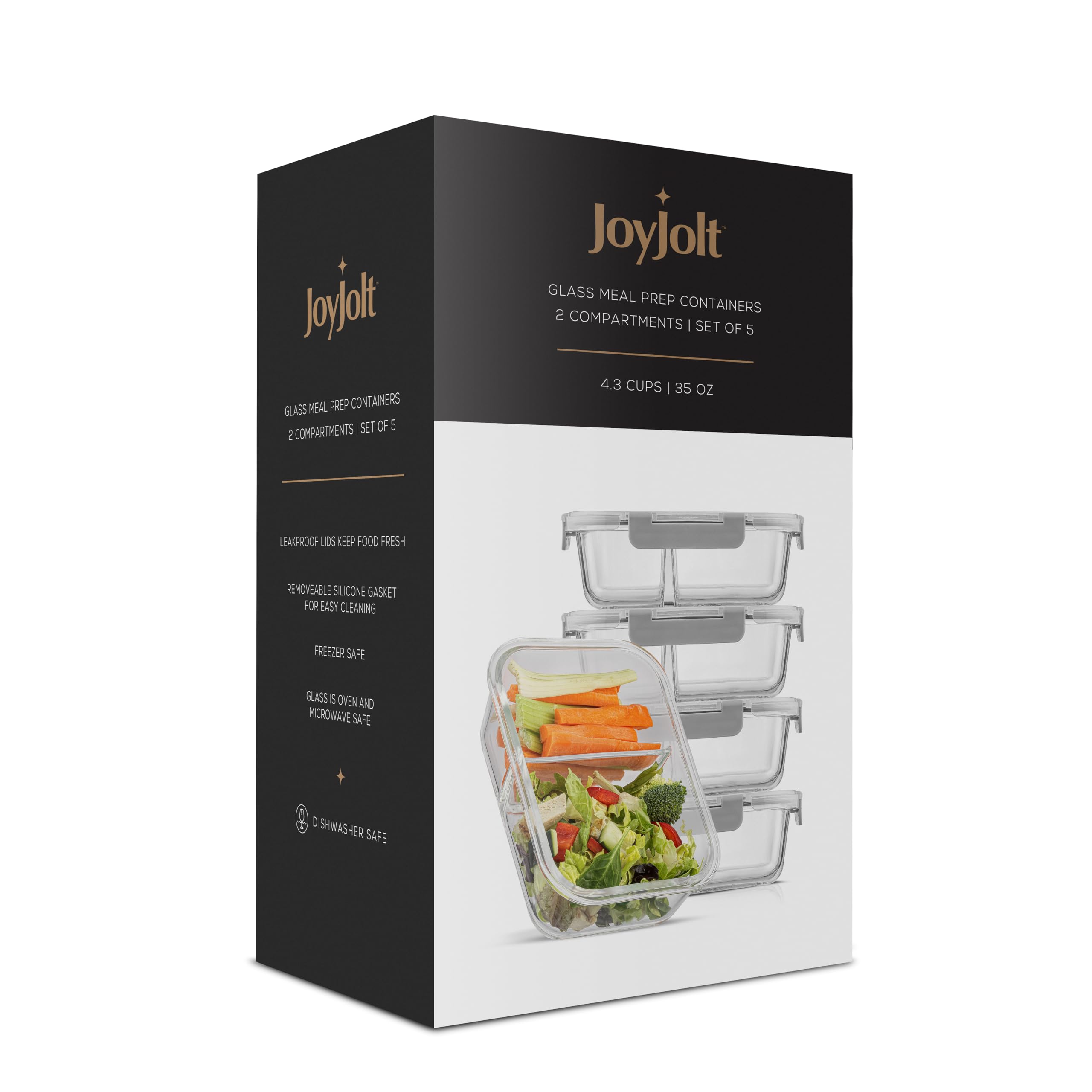 JoyJolt Recipientes divididos de almacenamiento de alimentos con tapas herméticas. Paquete de 5 recipientes de vidrio para preparación de comidas, juego de 2 compartimentos, caja bento de vidrio.