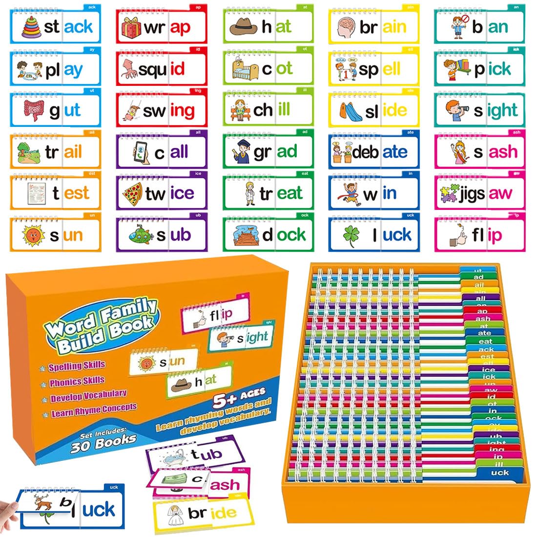 30 Read and Rhyme Flip Books,Sight Words Flash Cards Kindergarten,Kids Phonics Flash Cards,Word Family Build Books Phonics Games Books Gift for Kids Adults Stress Relief