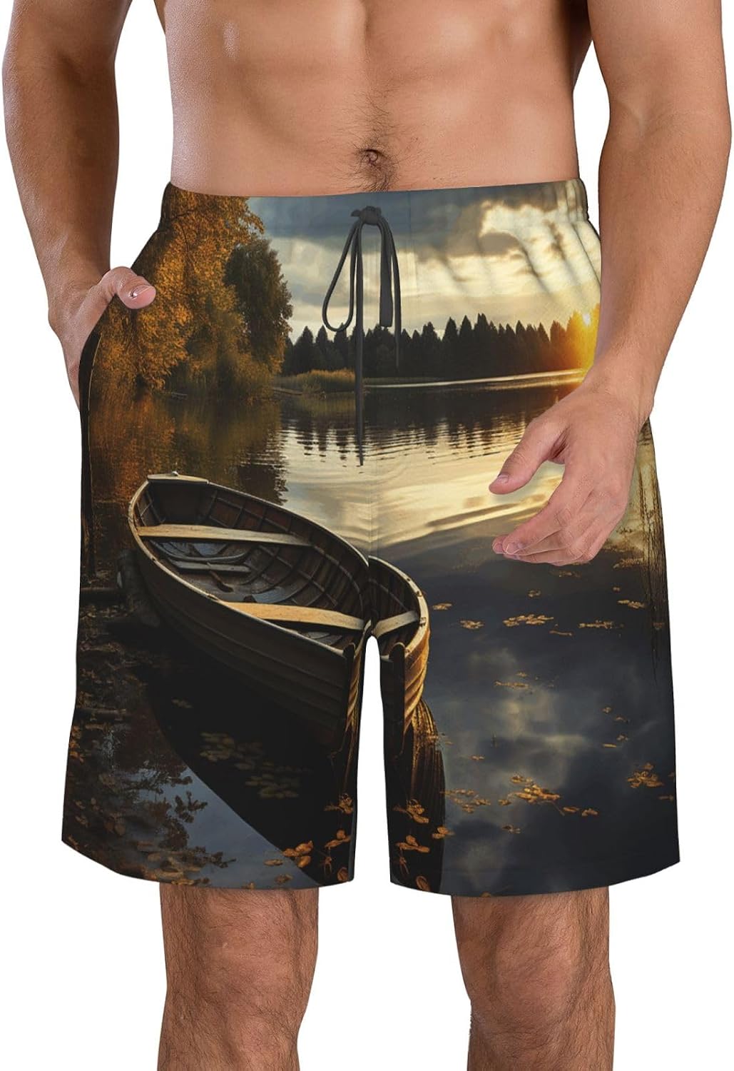 Men's Swim Trunks Quick Dry Bathing Suits Boat at Lake Shore Beach Board Shorts Swimwear with Pockets White