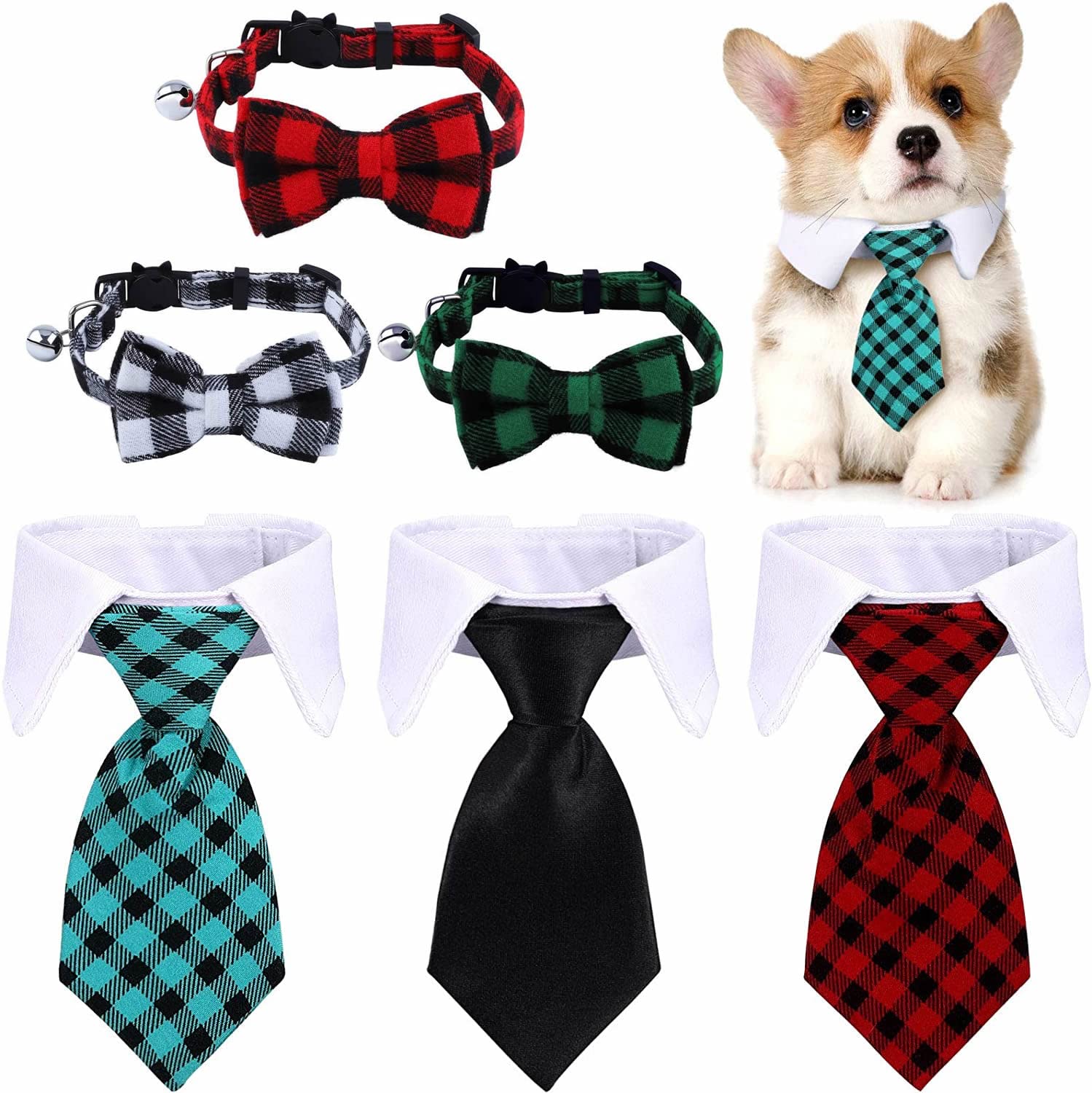 6 Pieces Adjustable Pet Bow Tie Plaid Black Red Pet Formal Tuxedo Costume Necktie Collar Puppy Grooming Ties for Small Dogs and Cats (S)