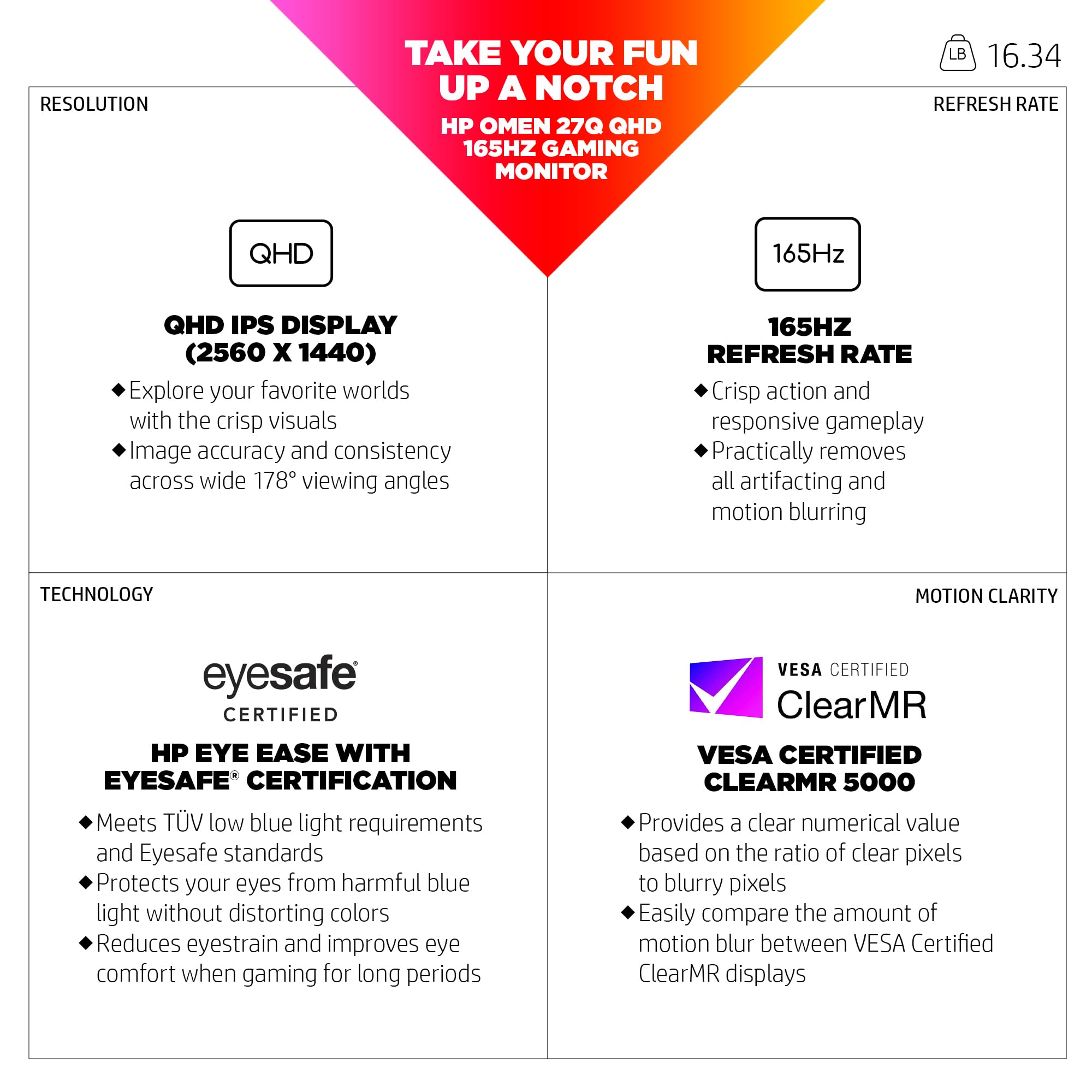 HP OMEN 27q QHD 165Hz Gaming Monitor, QHD Display (2560 x 1440), IPS Panel, 99% sRGB, 95% DCI-P3, 16:9, AMD FreeSync Premium Technology, 27q (2023),Black