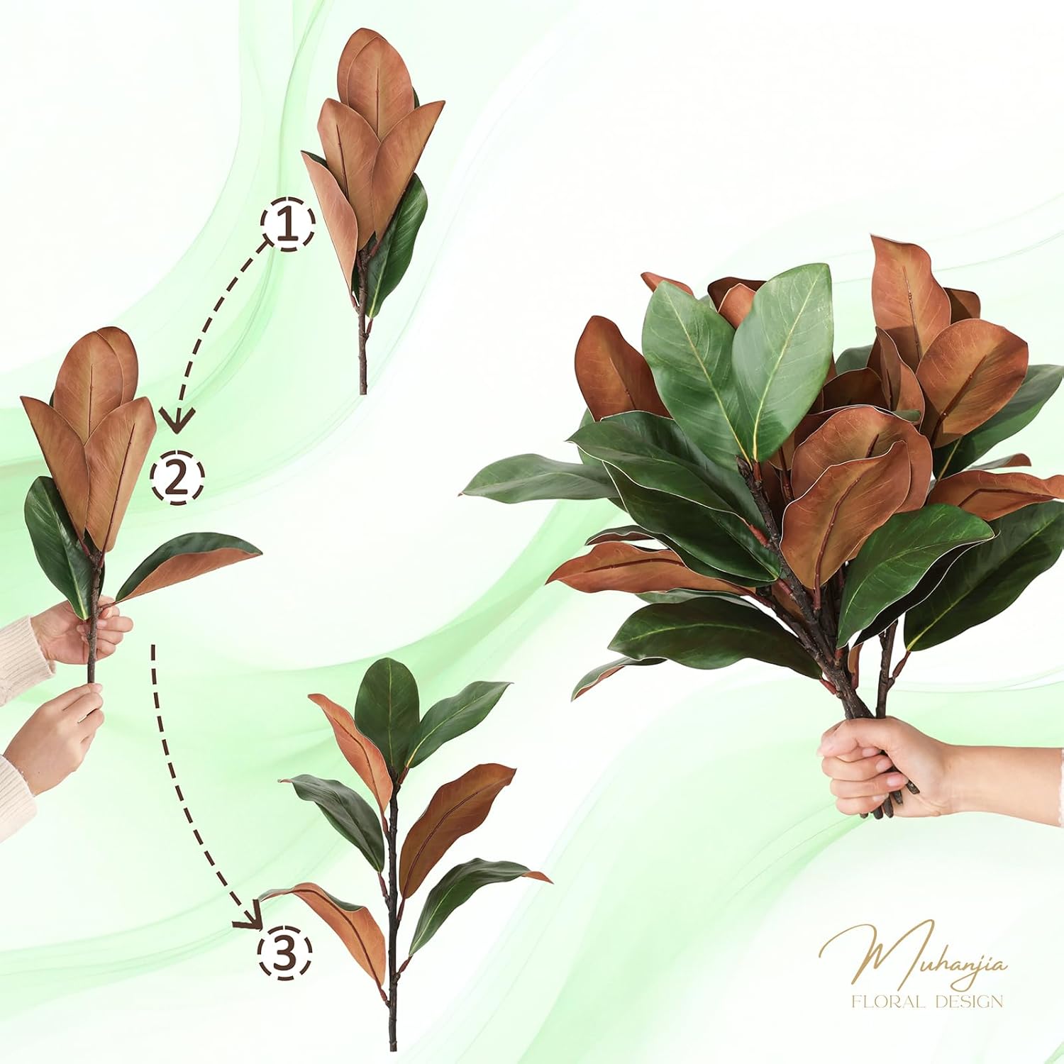 Magnolia Leaves 3D Artificial Magnolia Stems Branches for Vase Real Touch Fake Greenery Leaf Faux Stems for Indoor Outdoor Decor Fake Twigs for Home Office Table Decoration(6Pcs, 18'') (Green) - Image 4