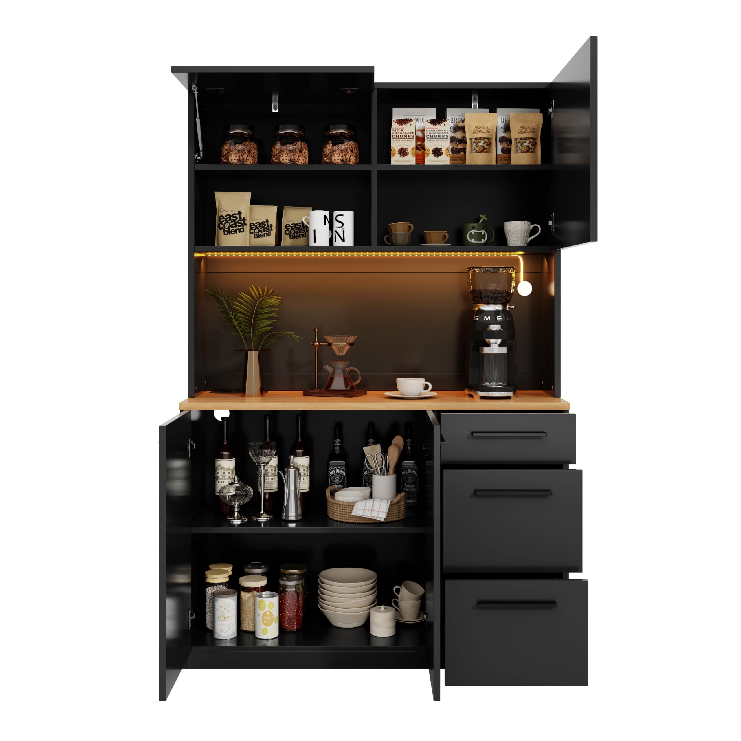 Küchenbuffet mit LED und Steckdosen, Schwarz | 120 x 40 x 180 cm | USB-A/USB-C | Gasdruckklappe | Verstellbare Böden